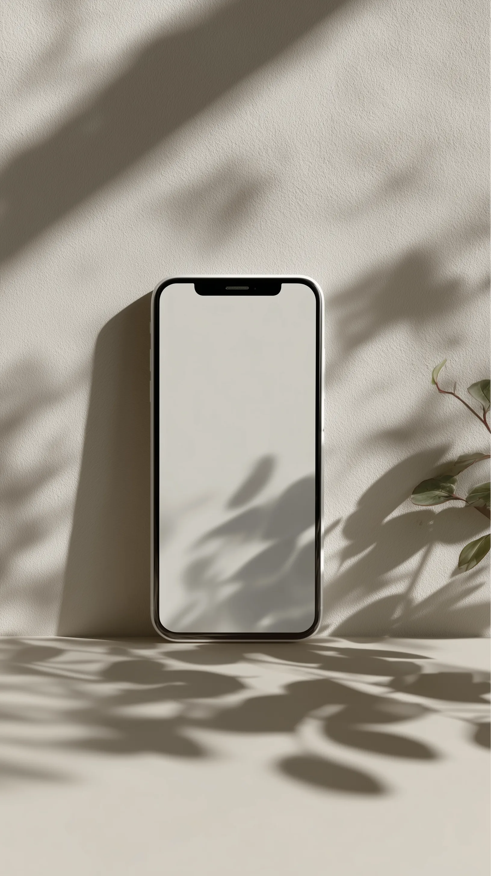 Minimalist smartphone mockup with soft leaf shadows