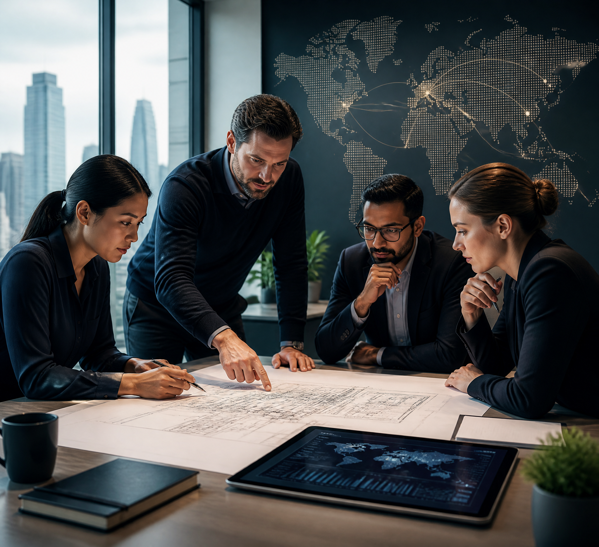 Diverse Professional Team Reviewing Global Blueprints