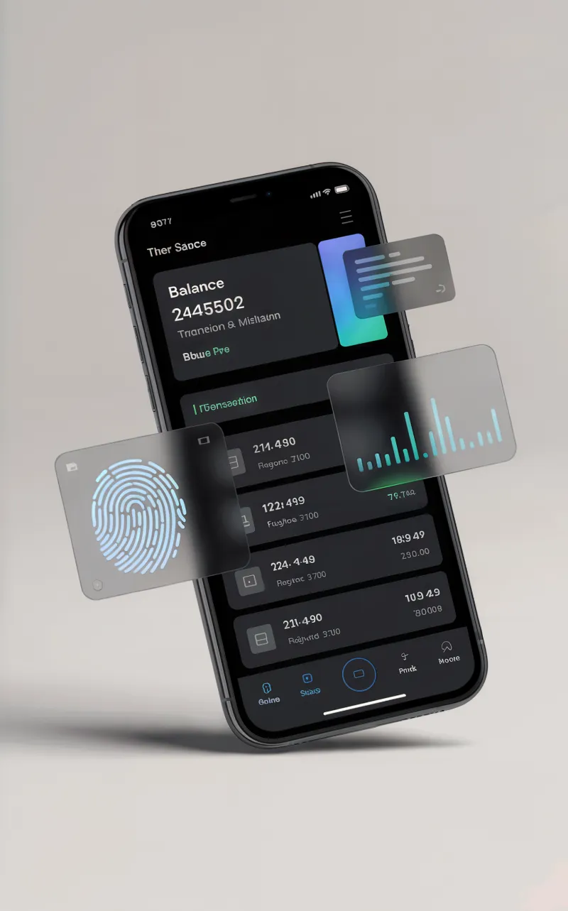Floating smartphone with futuristic banking UI