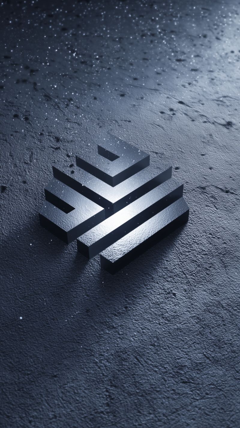 Metallic geometric logo on textured dark surface