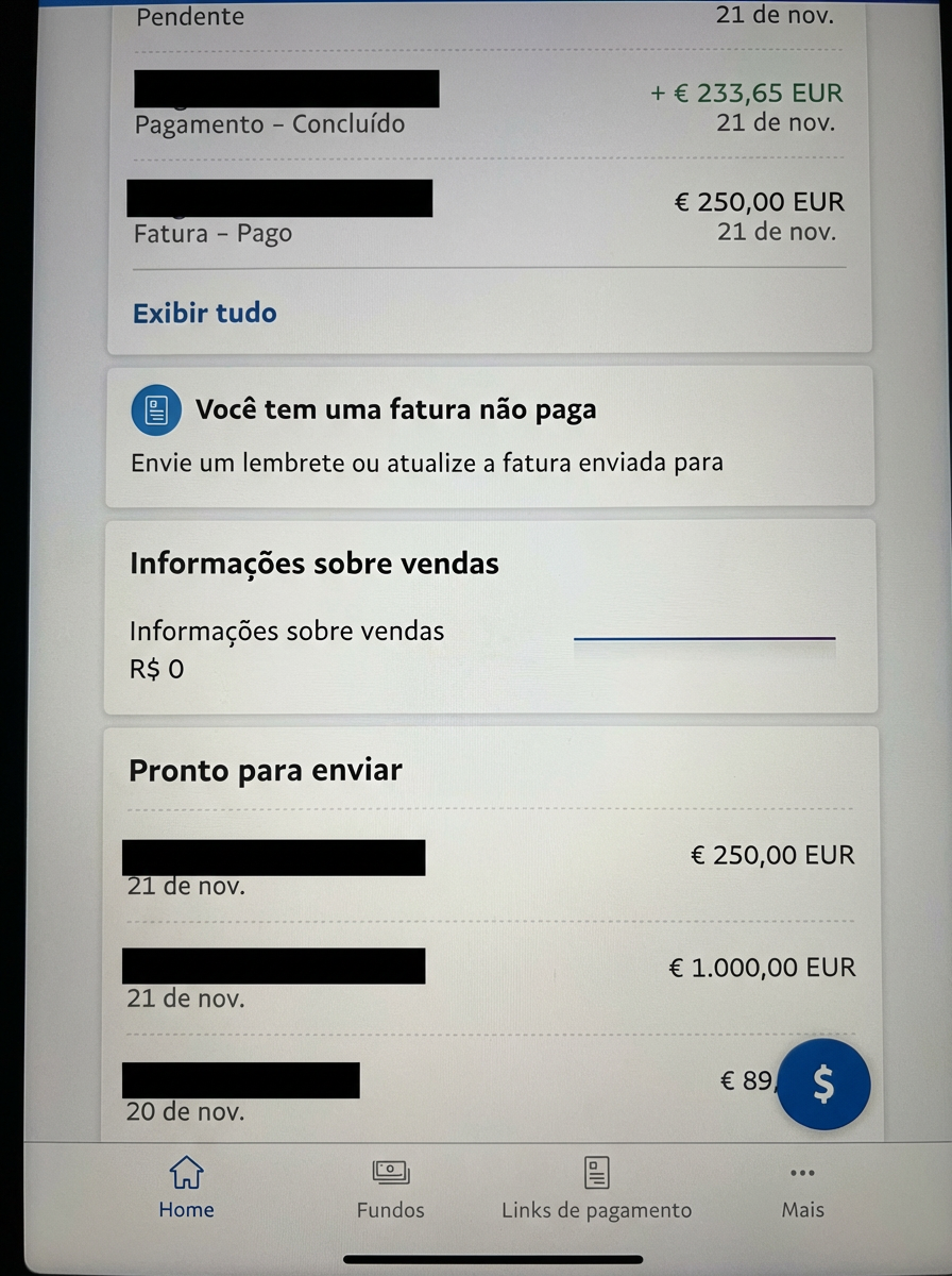 Transações PayPal em EUR