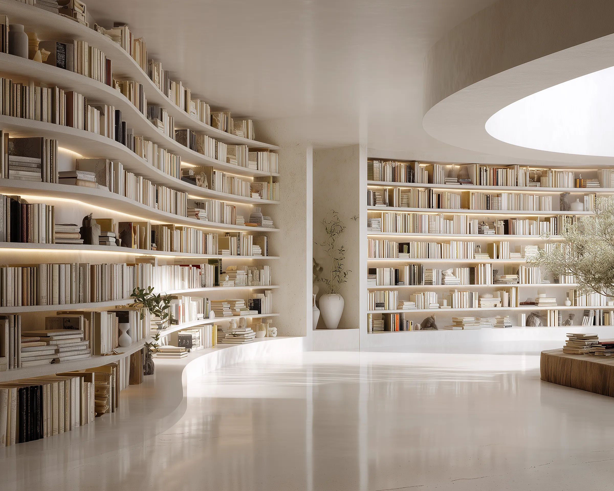 Minimalist curved library with soft daylight