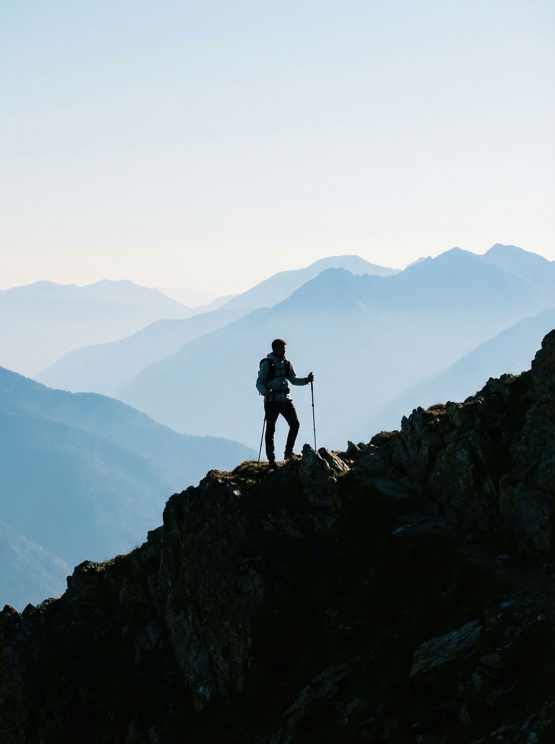 Hiker silhouetted on mountain ridge at sunrise