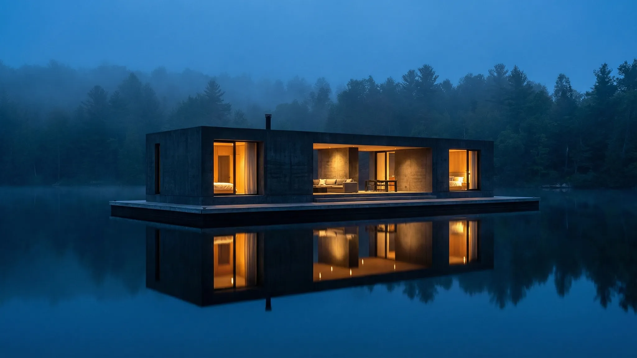 Modern floating lake house at dusk