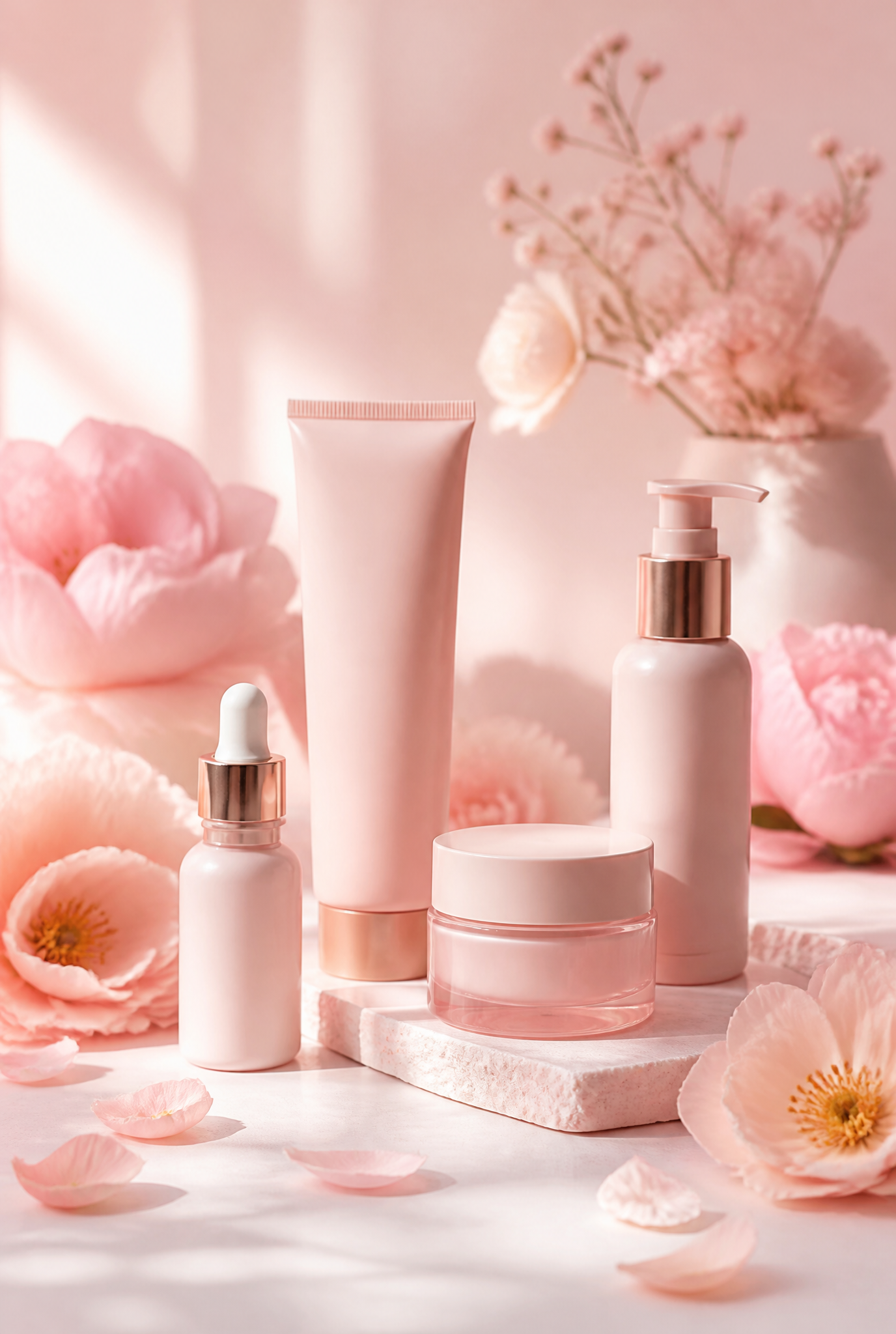 Soft pink skincare products and flowers