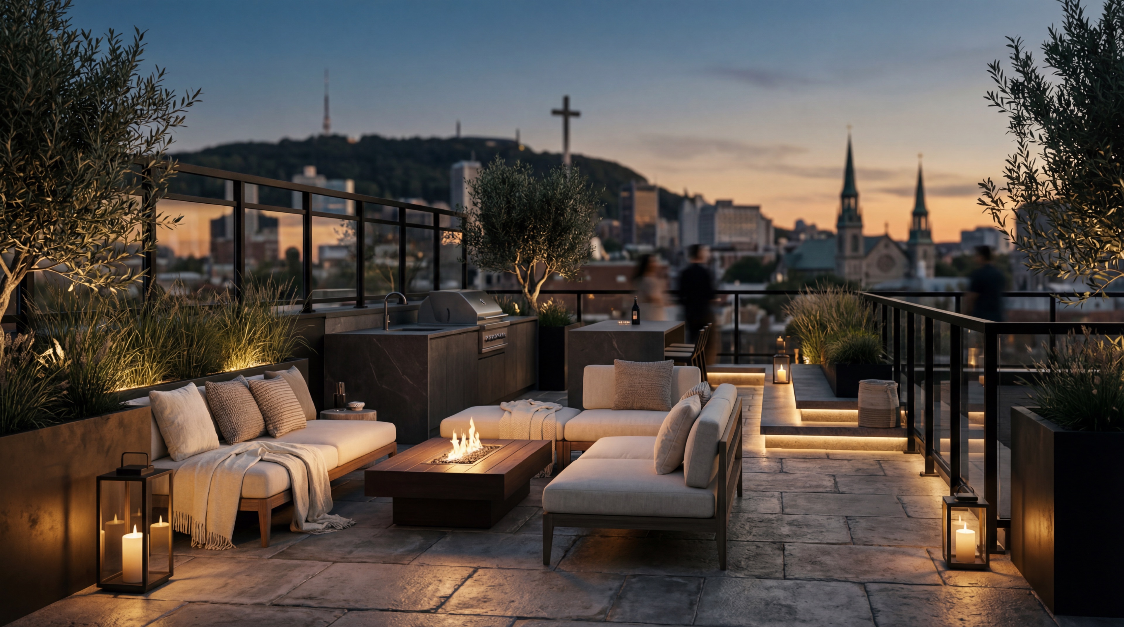 Modern rooftop terrace at sunset with fire pit