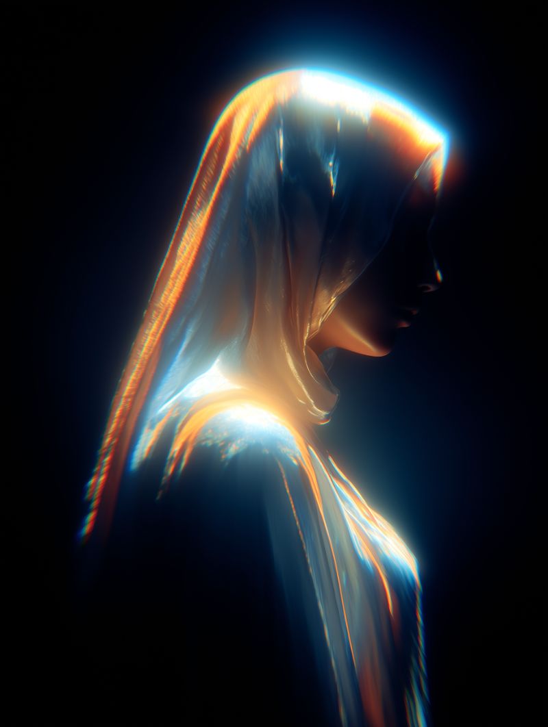 Iridescent veiled silhouette in darkness