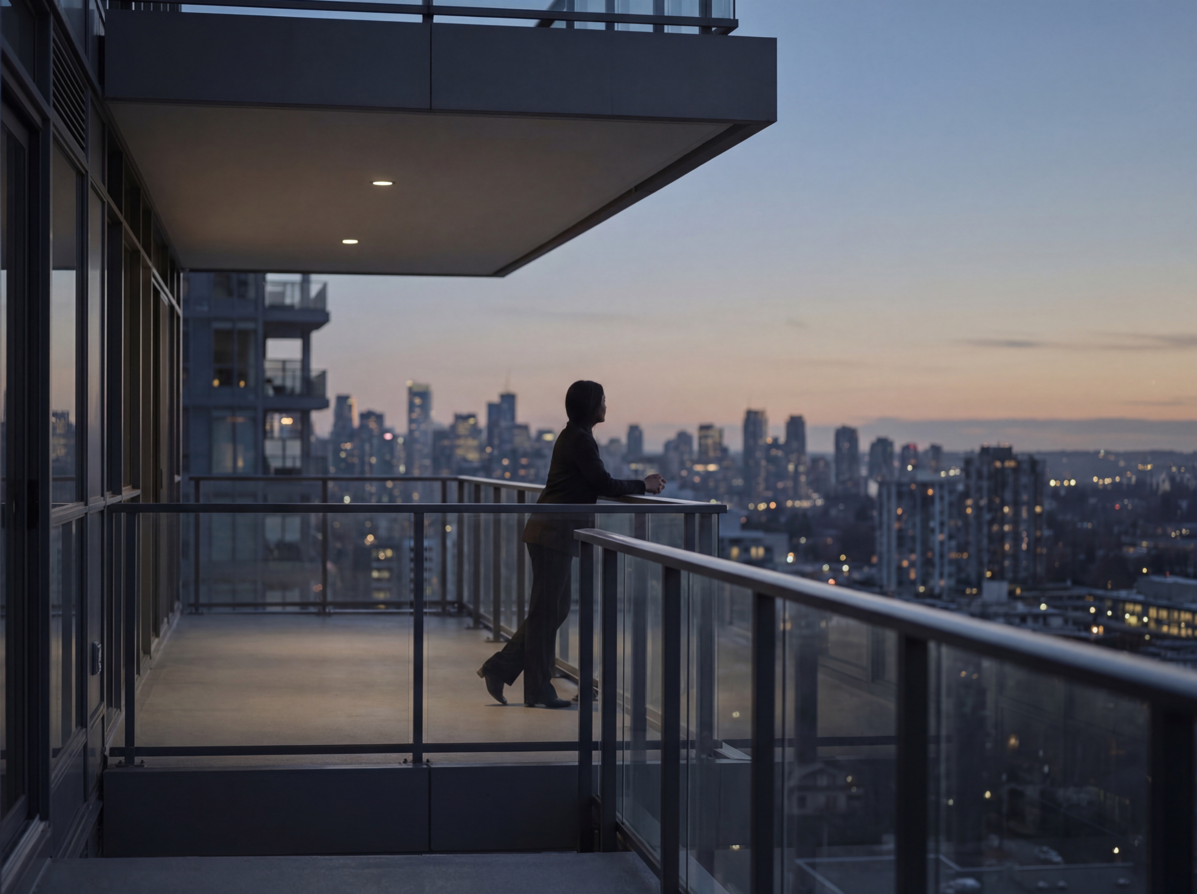 Person on high-rise balcony at dusk