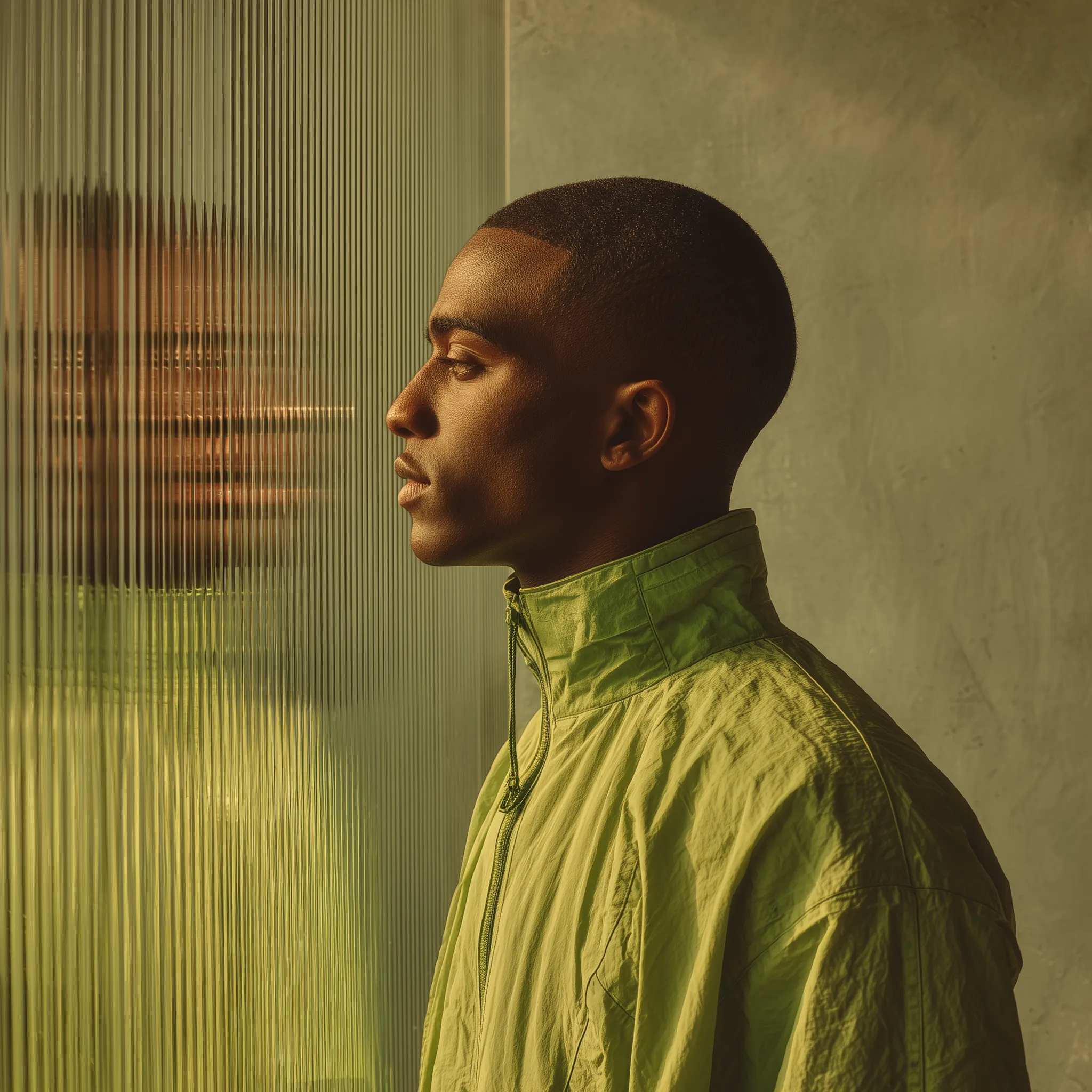 Portrait with Glass Reflection and Green Jacket