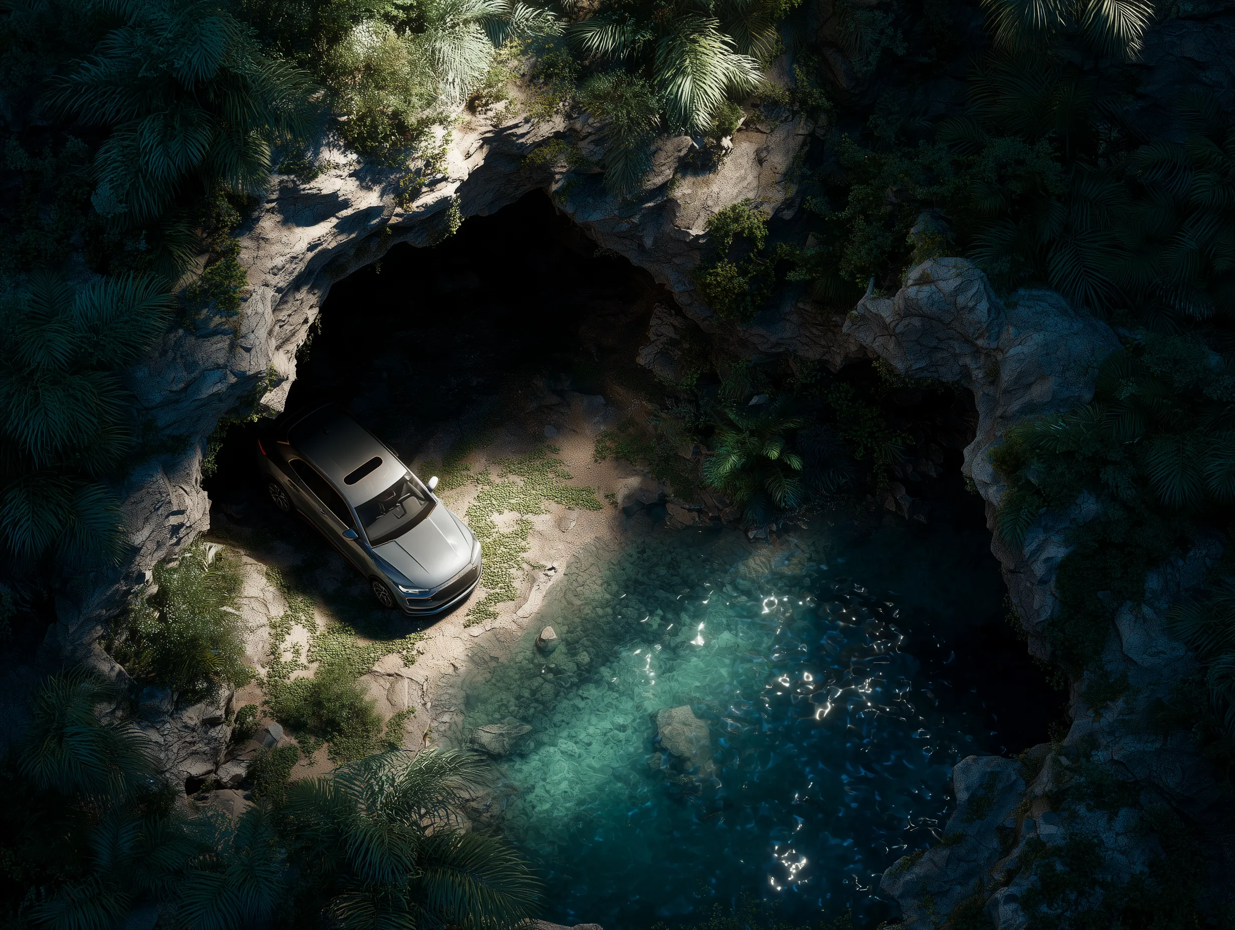 SUV Parked in Tropical Cave by Blue Pool