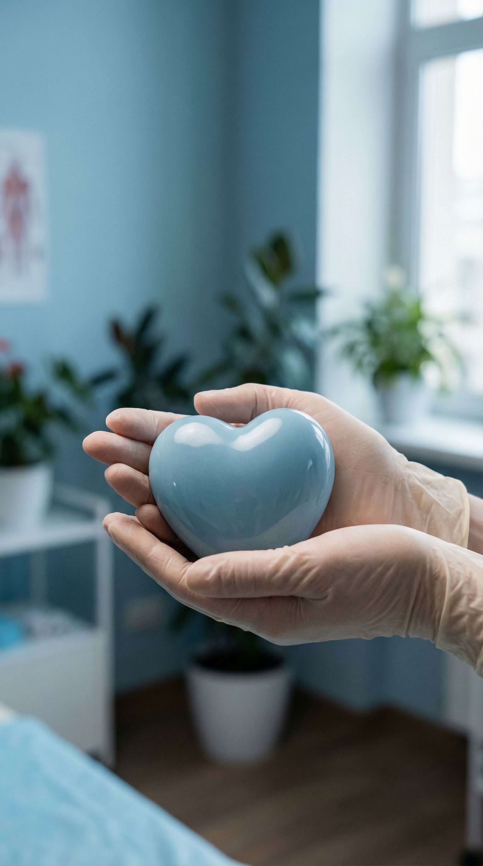 Gloved hands holding blue heart in clinic