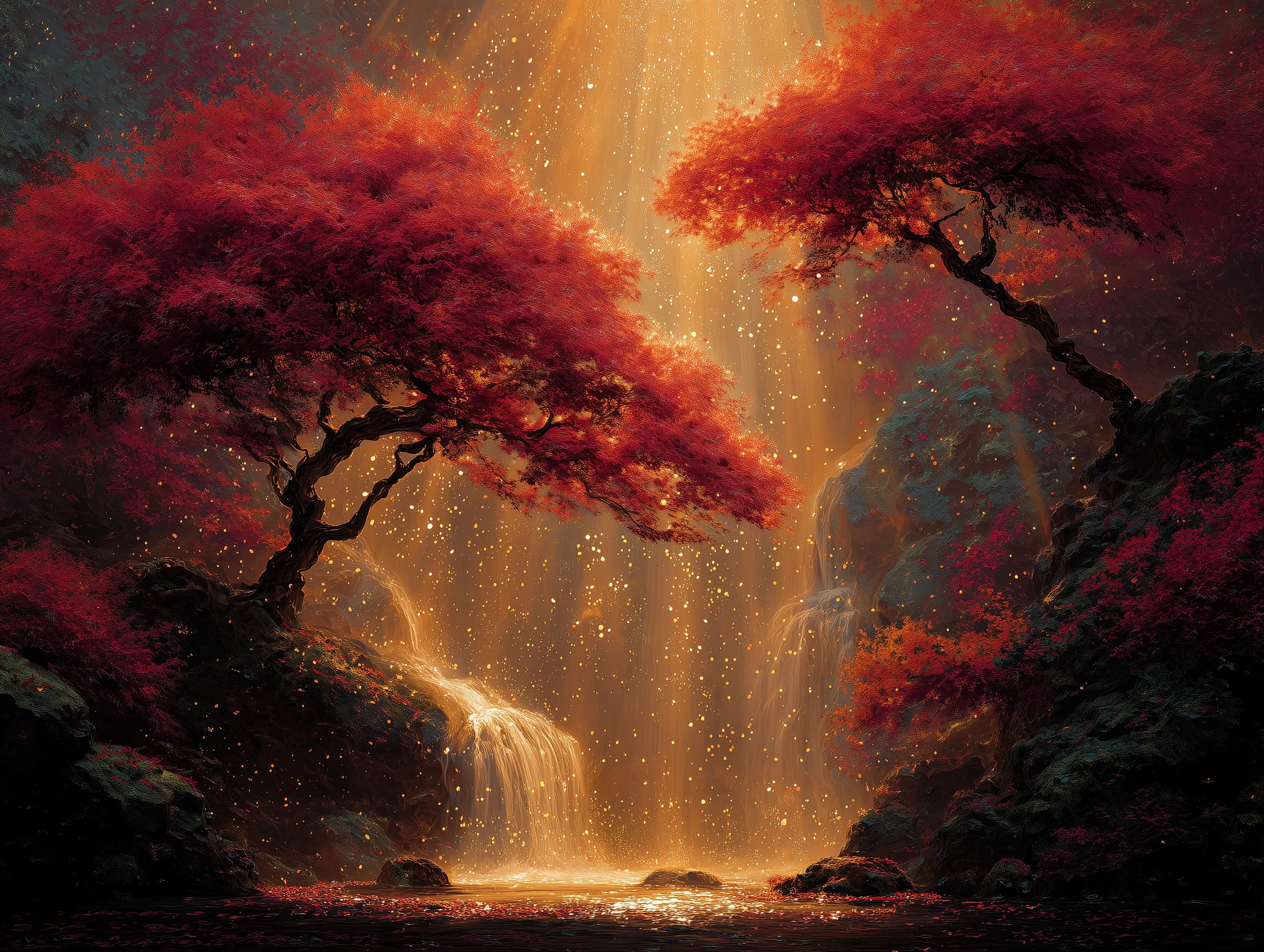 Fantasy Forest Waterfall at Golden Light