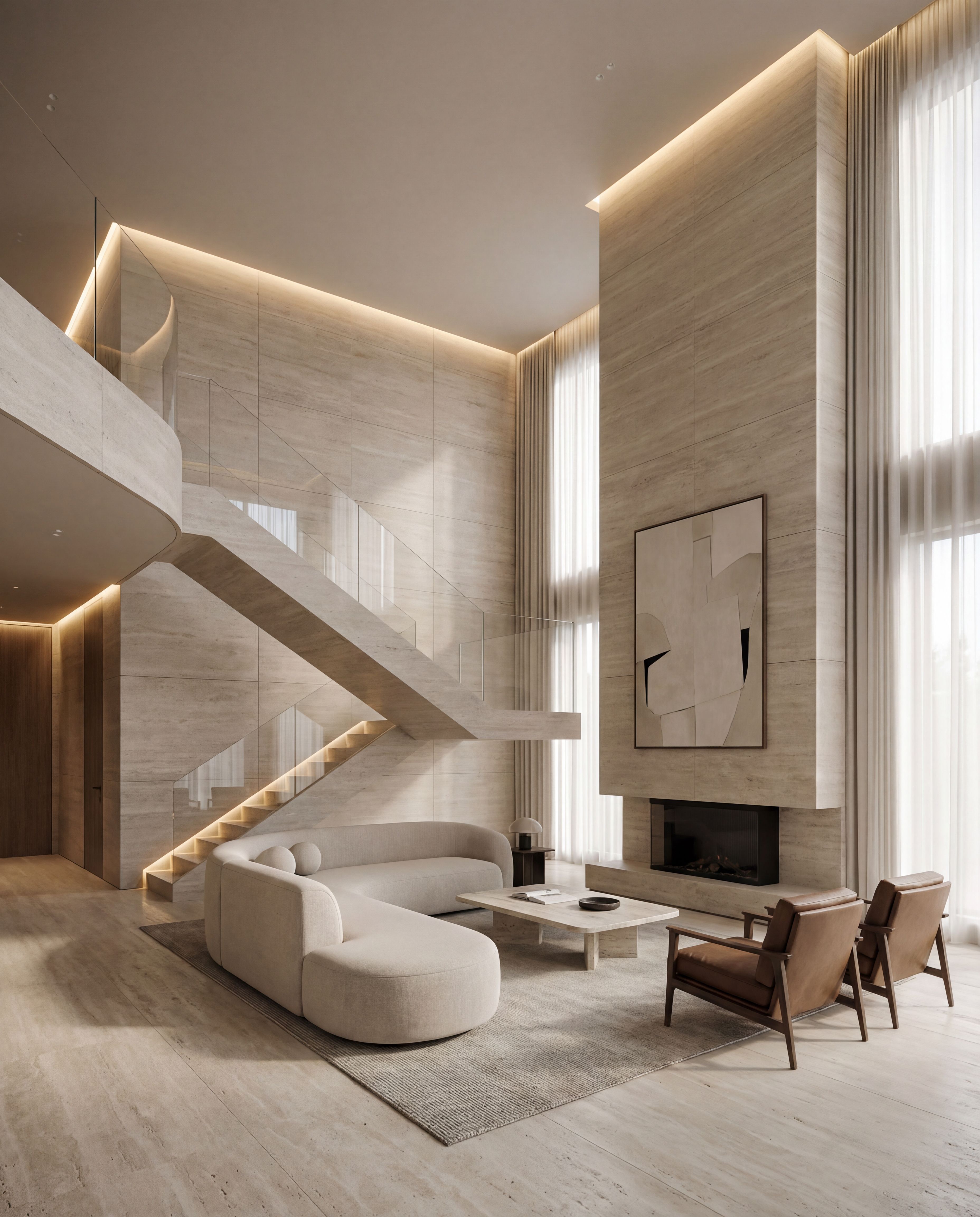 Minimalist double-height living room interior