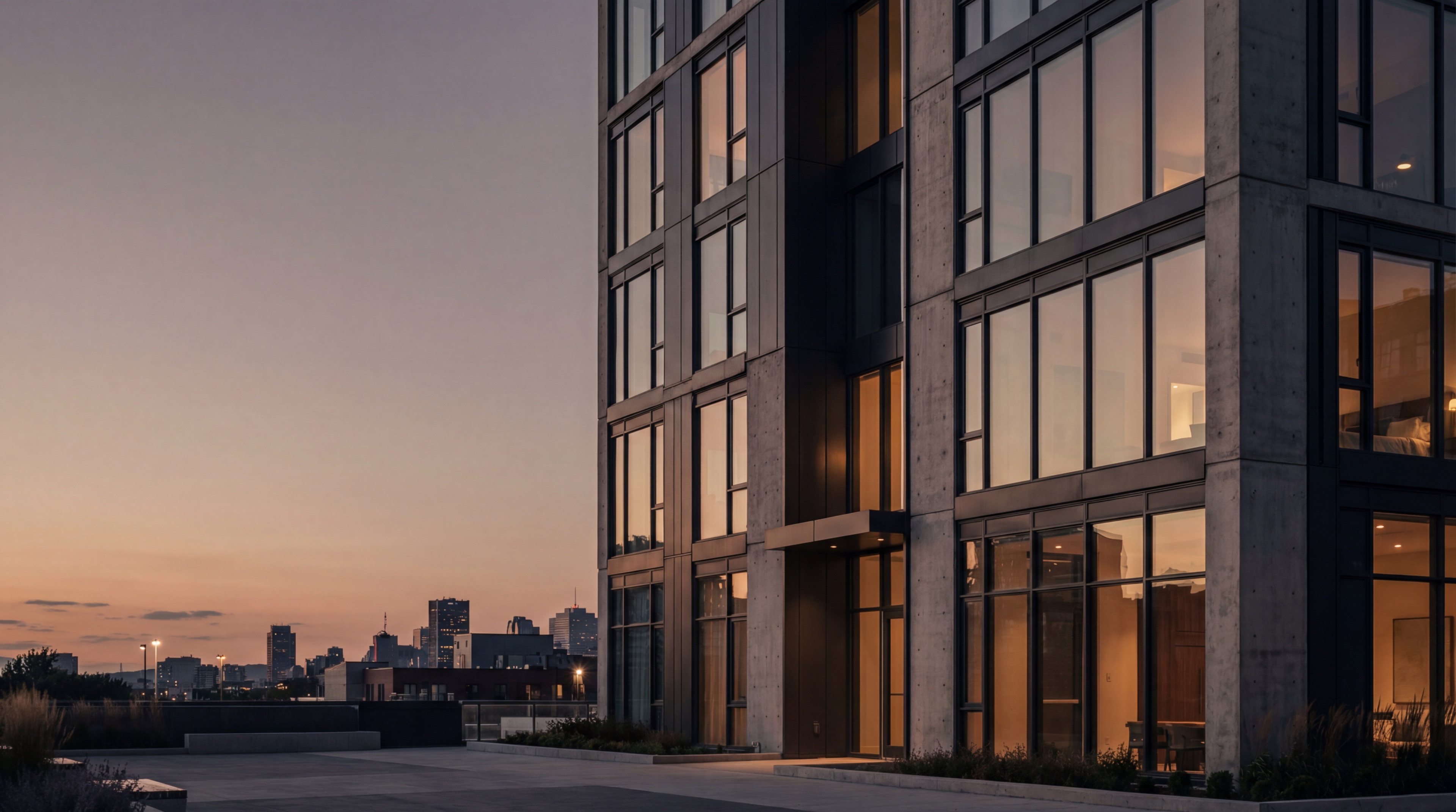 Modern apartment building at dusk