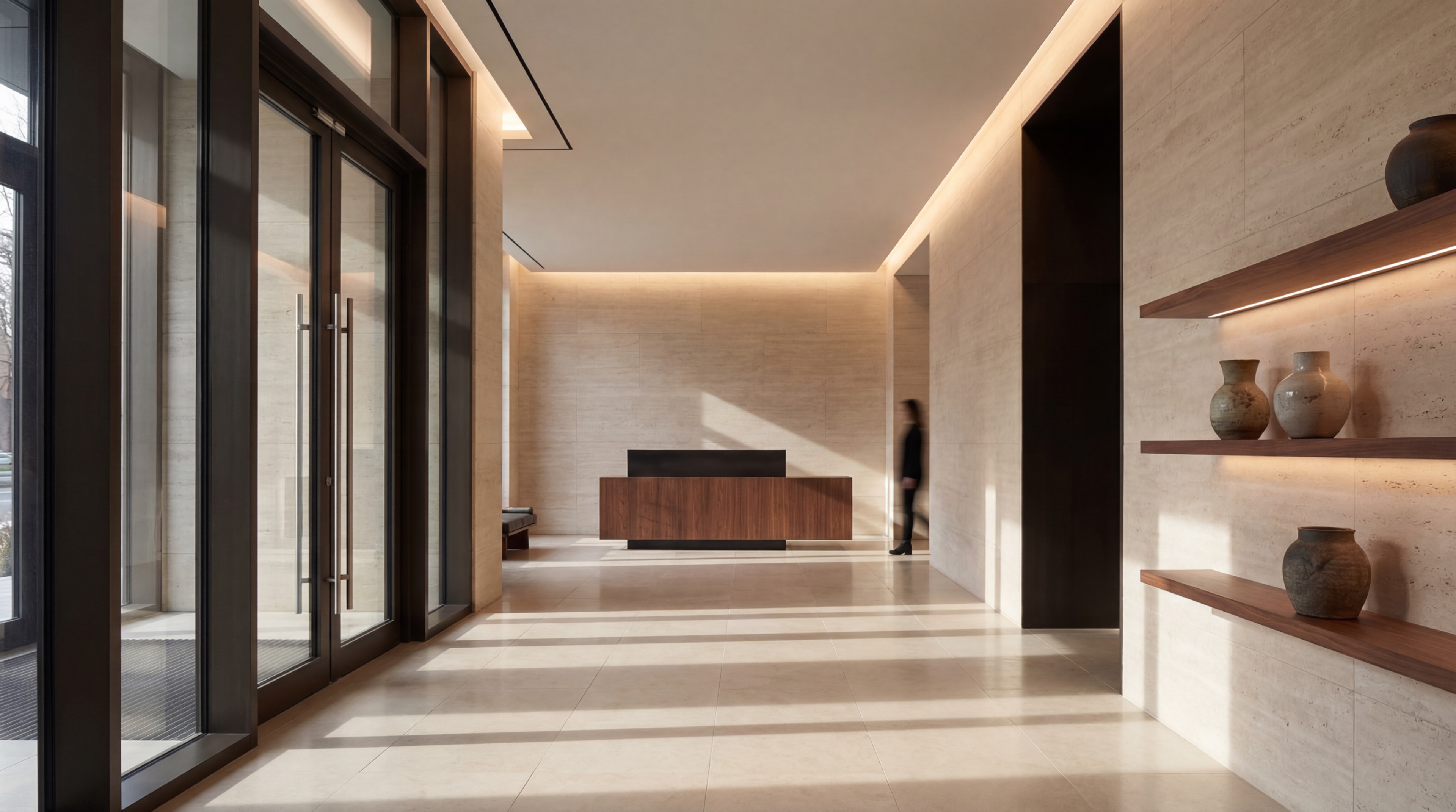 Minimalist lobby with wooden reception desk