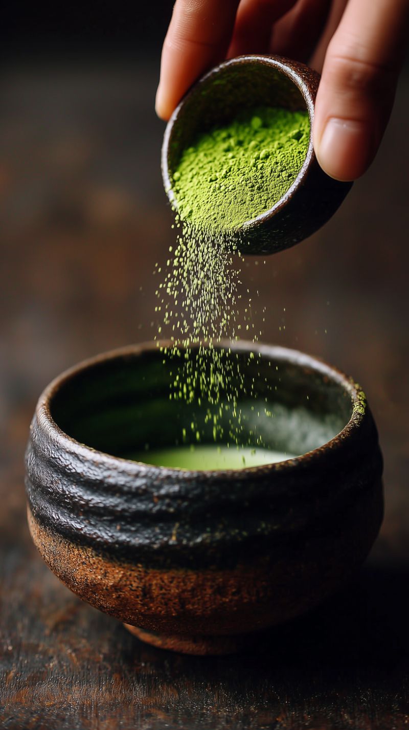 Sprinkling Matcha Powder into Rustic Ceramic Bowl