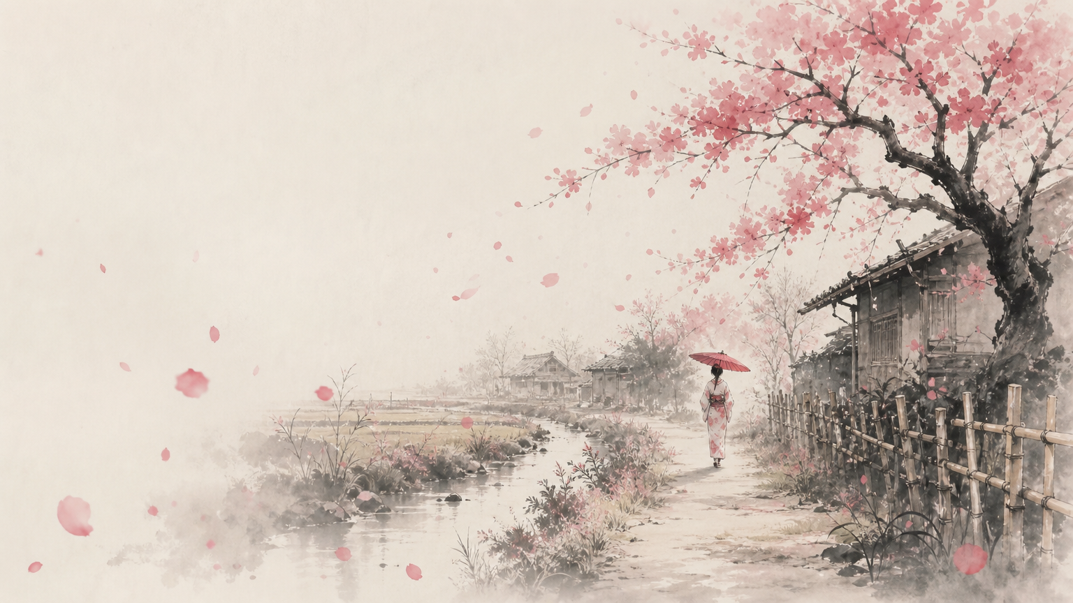 A rural lane with figures in kimono