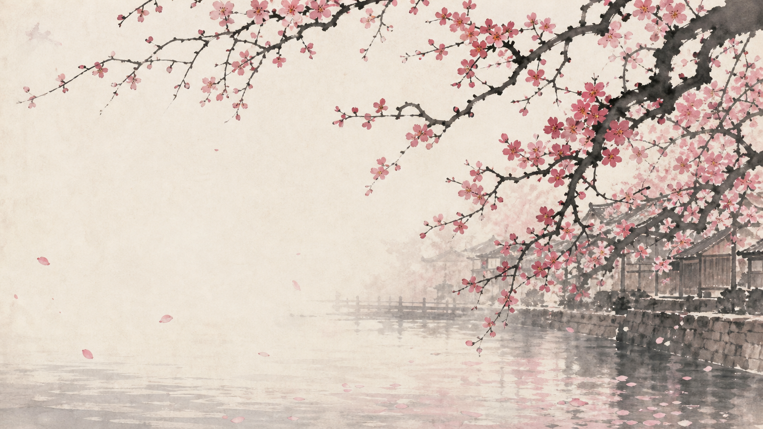 A sakura river at morning, ukiyo-e style