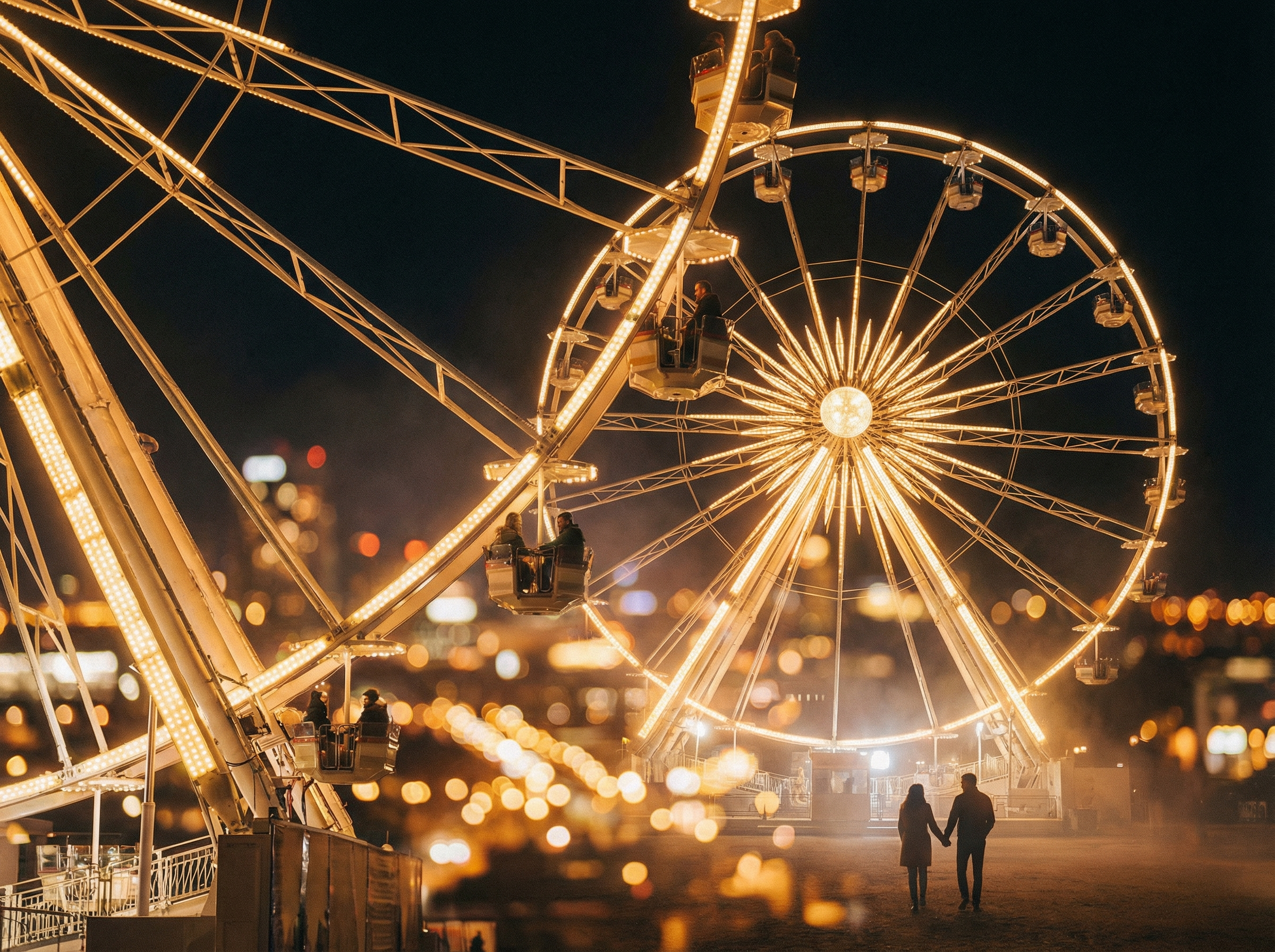 Romantic couple at illuminated Ferris wheel