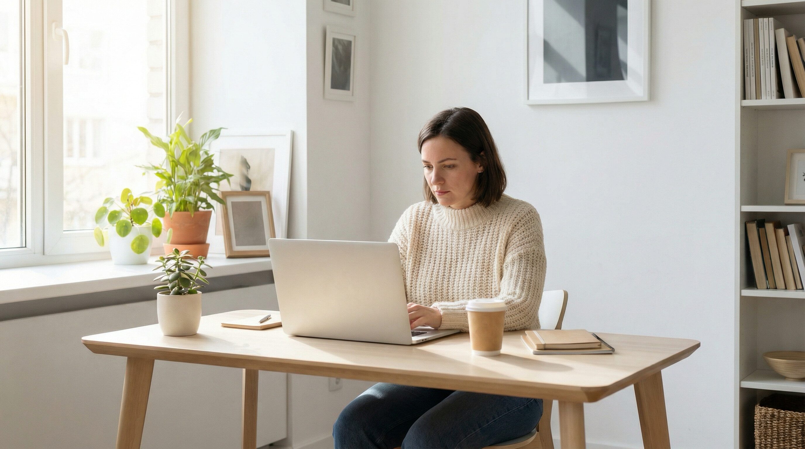 Woman working on laptop in bright home office