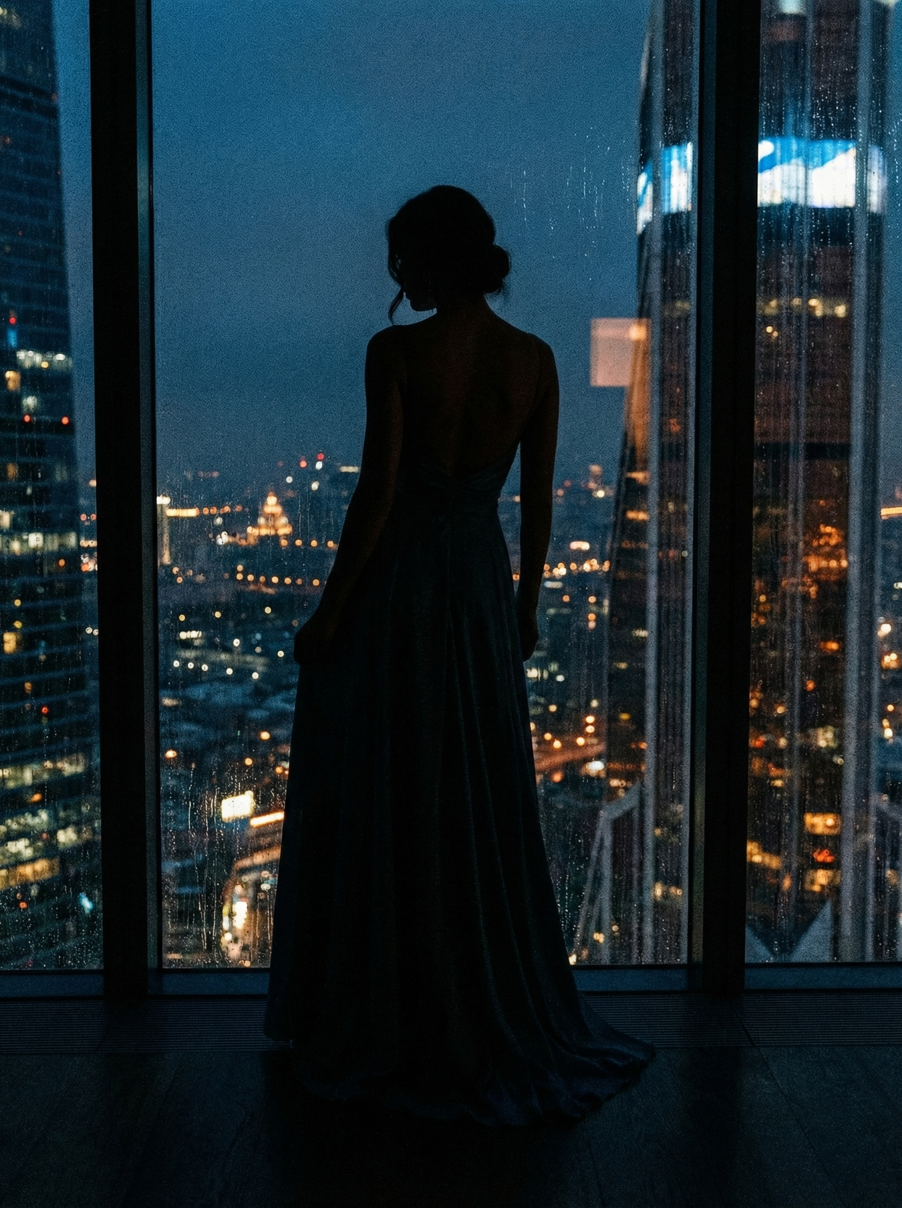 Silhouette in evening gown at city window
