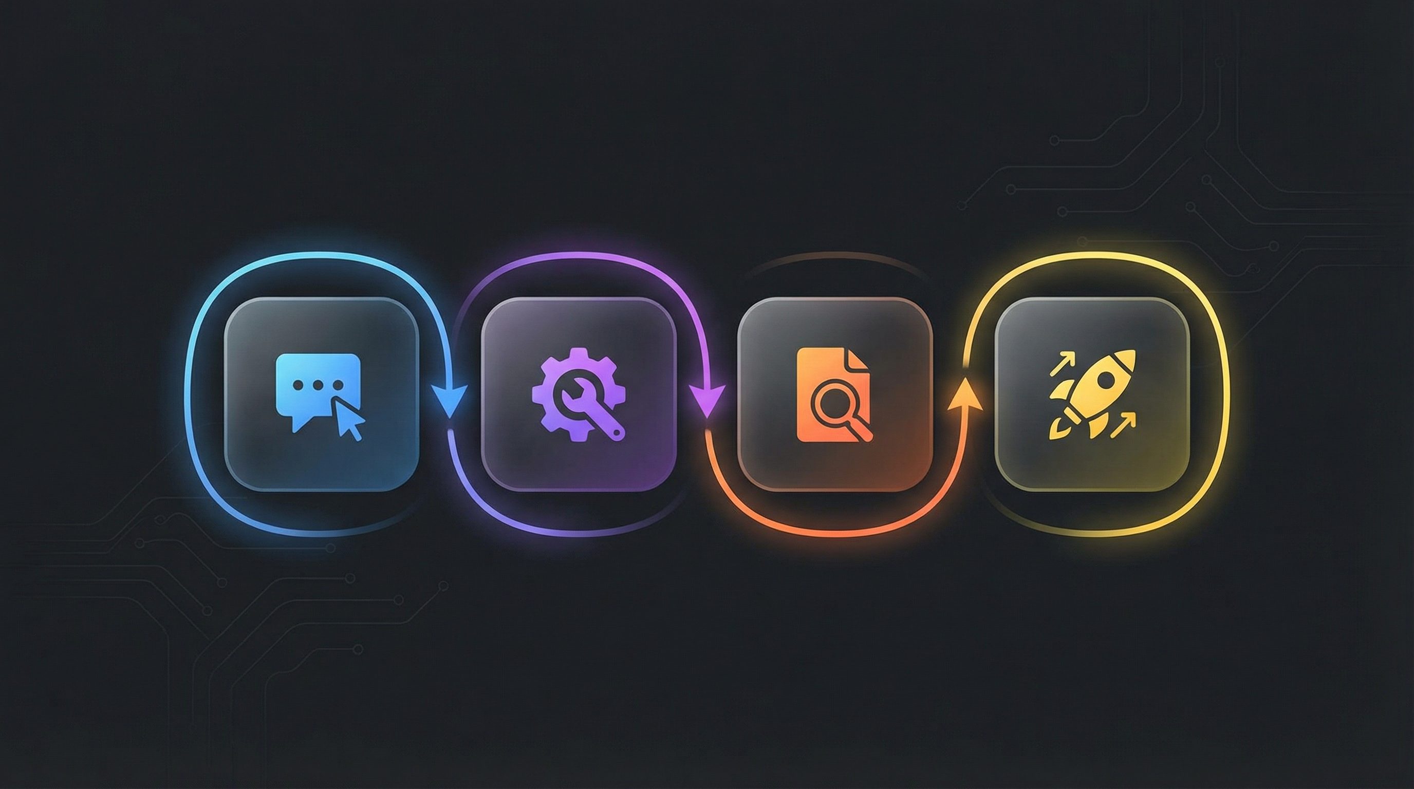 Neon workflow icons on dark tech background