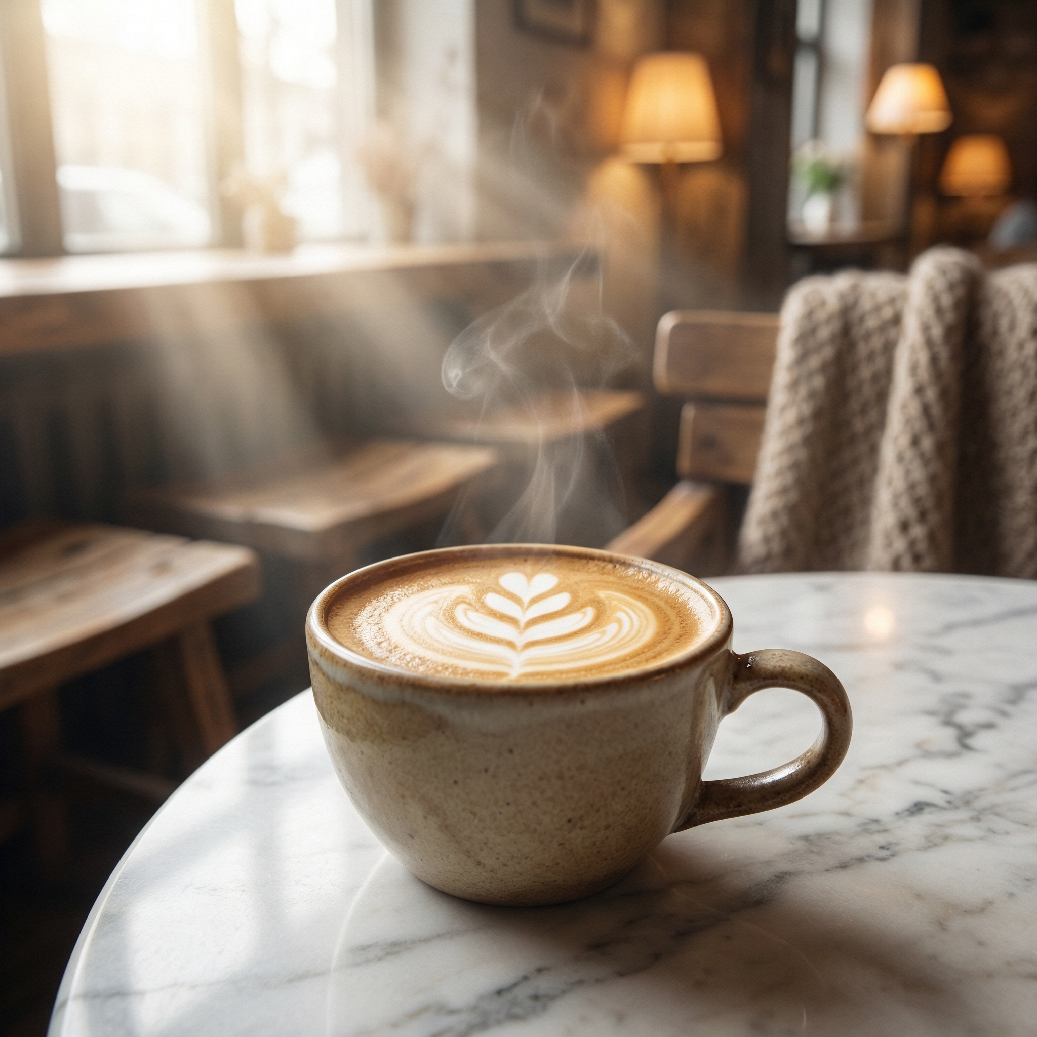 Steaming latte in cozy sunlit café
