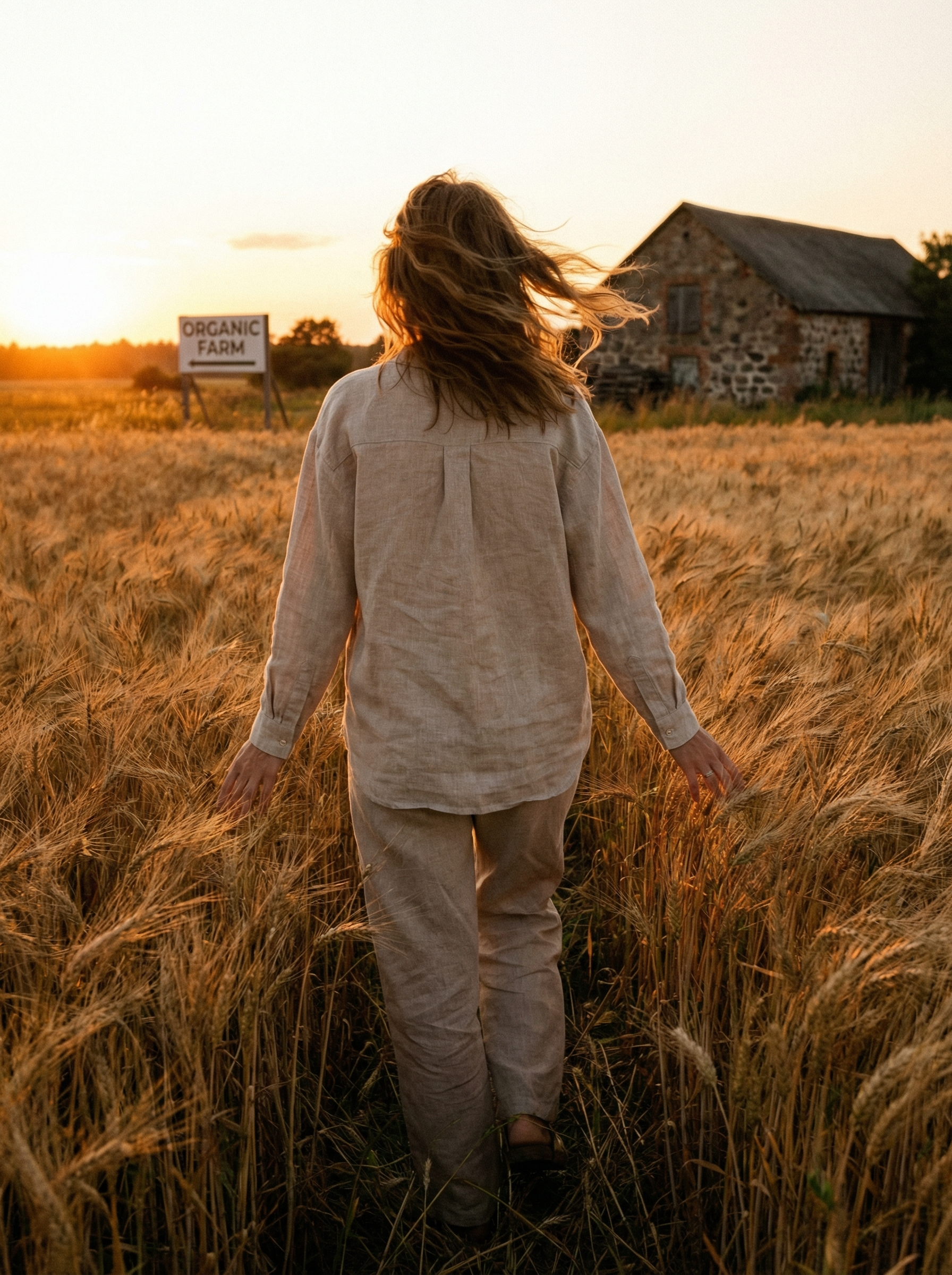 Person walking through wheat field at sunset