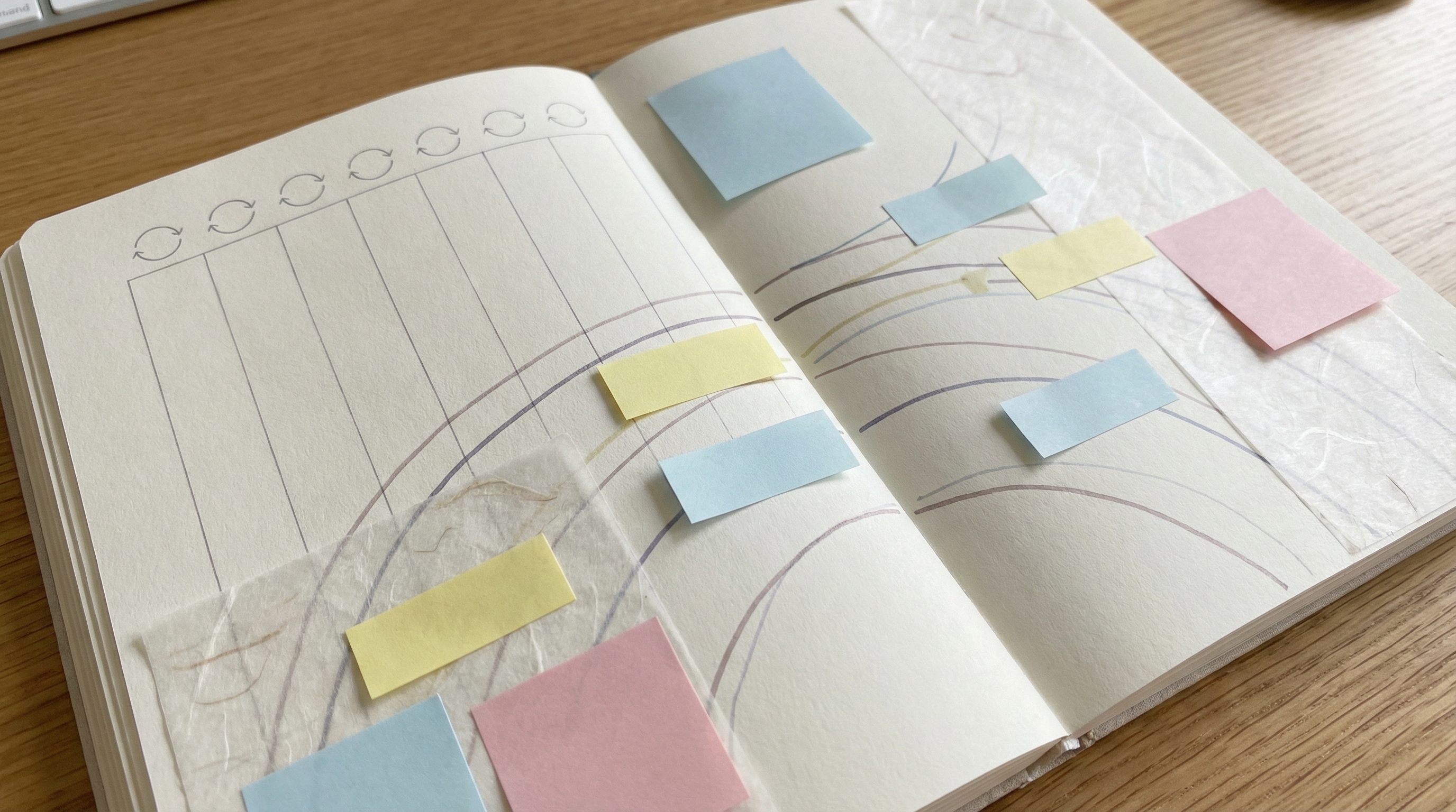 Open planner with pastel sticky notes