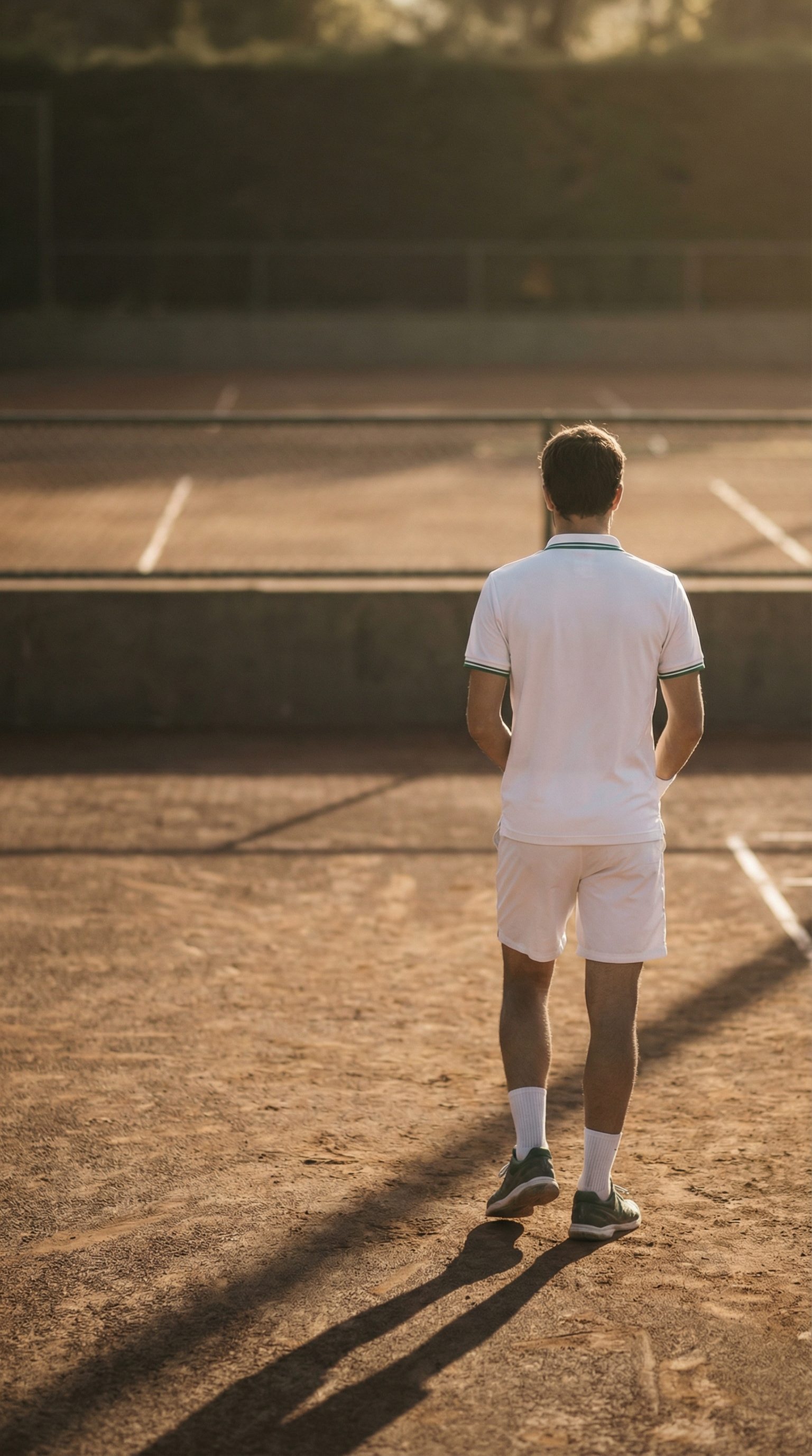 Tennis player standing on clay court at sunset