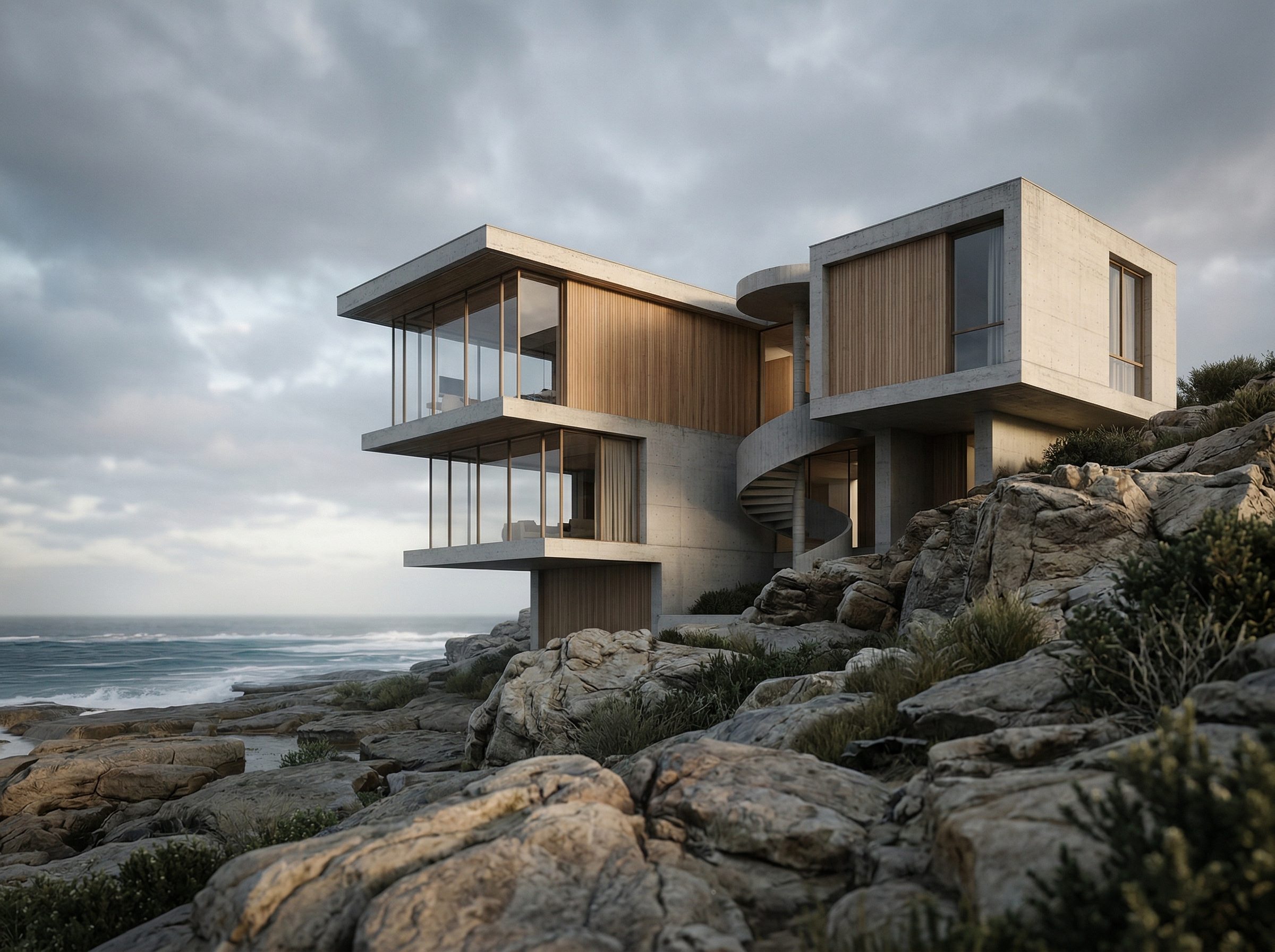 Modern coastal concrete house on rocky shore