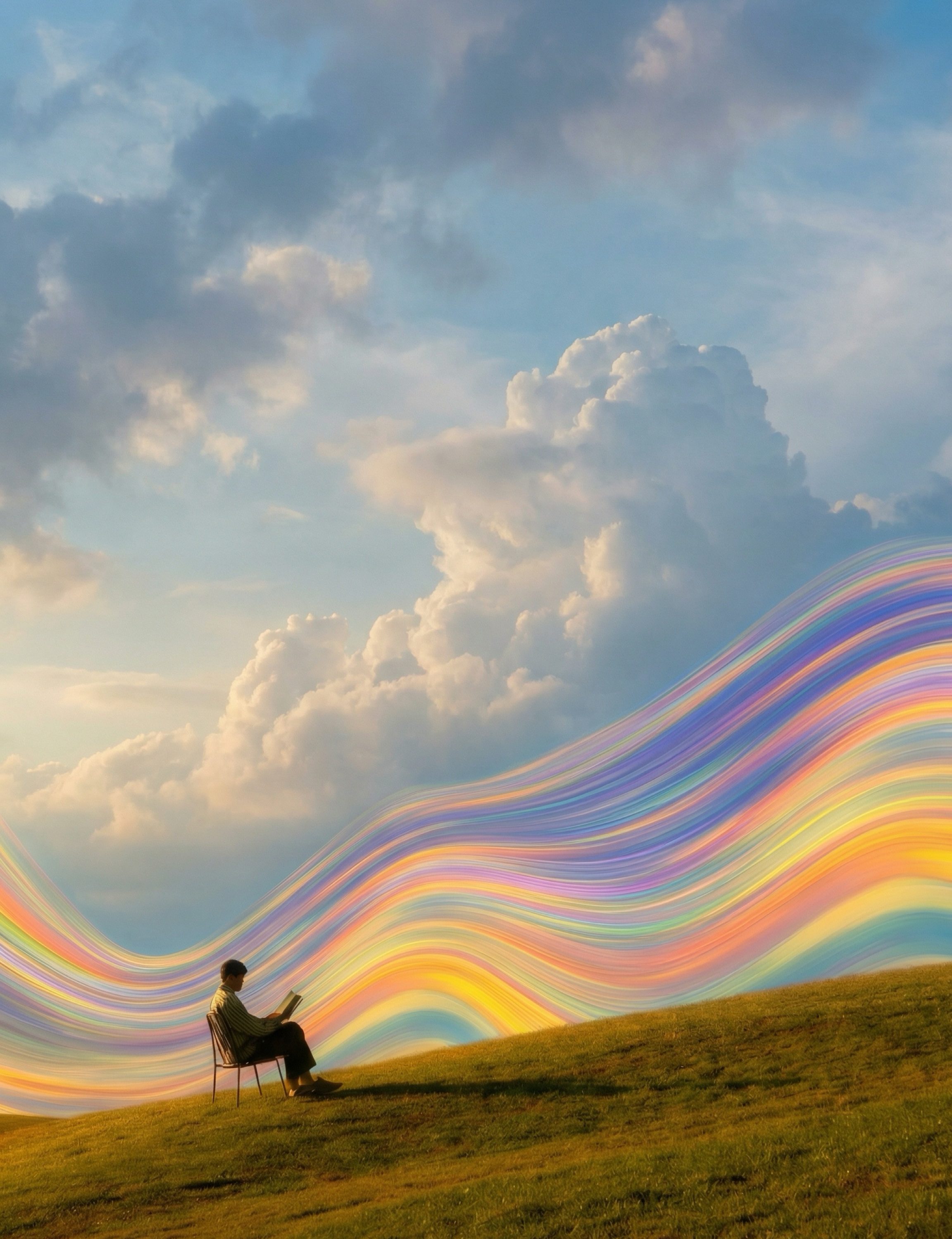 Person Reading by Hill with Rainbow Light Trail