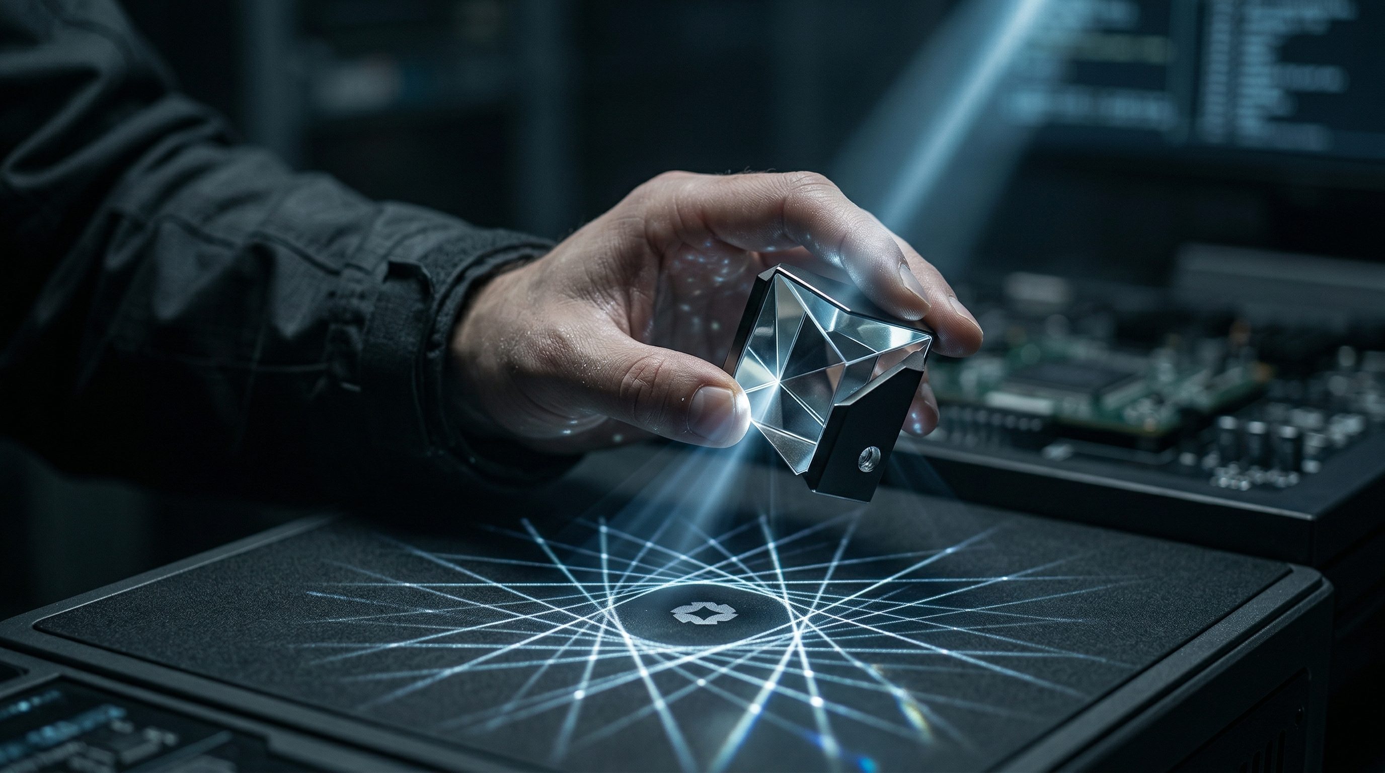 Hand holding futuristic optical prism over device
