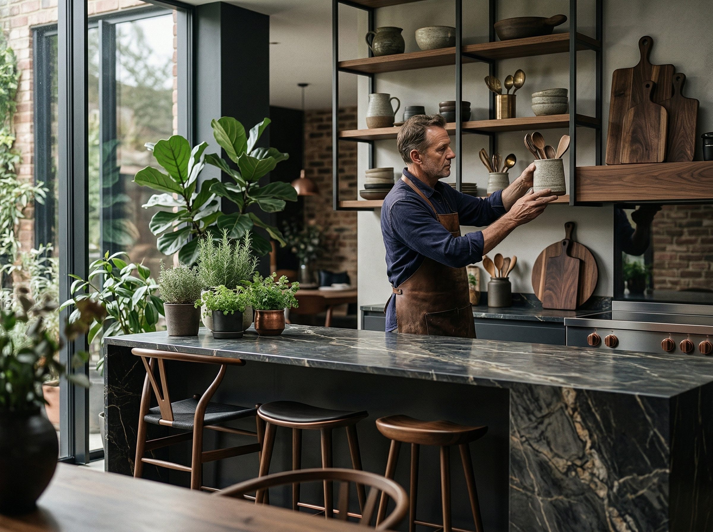 Man arranging ceramics in modern kitchen
