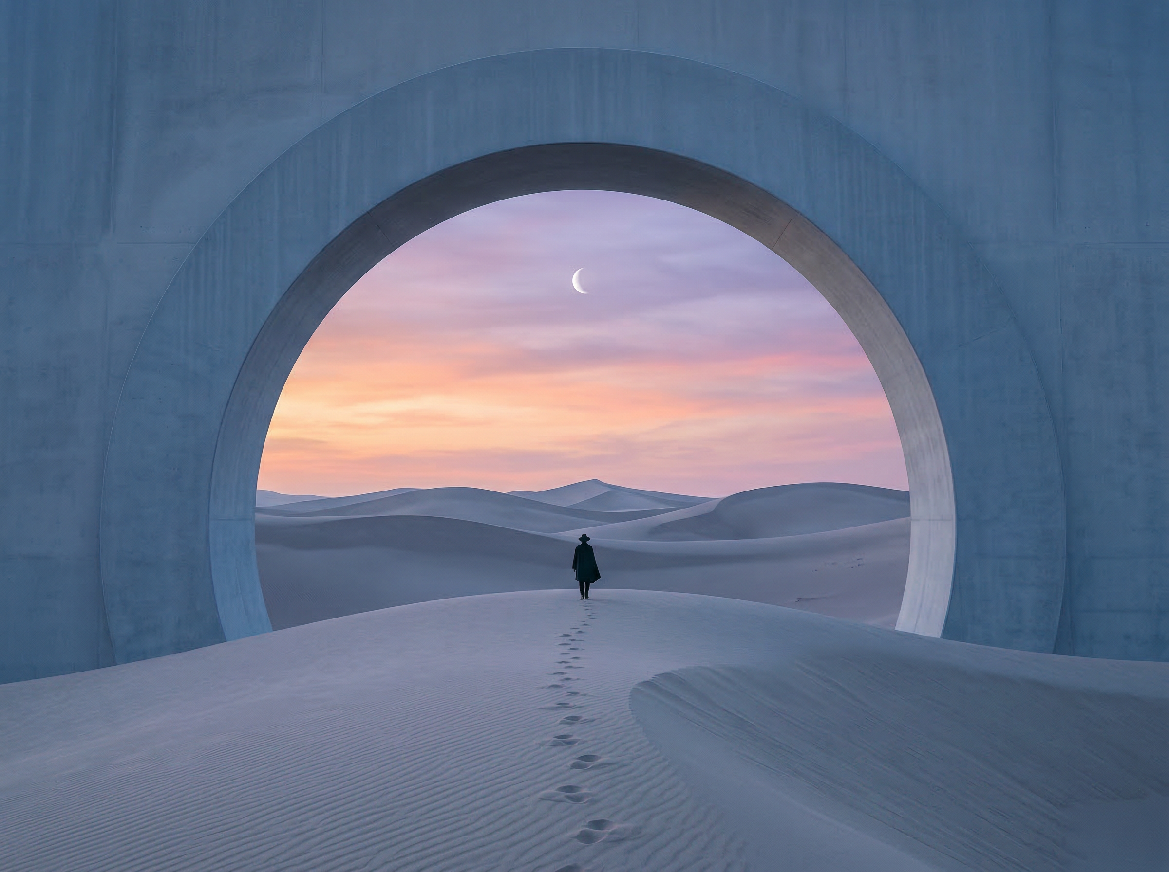 Solitary figure in desert arch at twilight