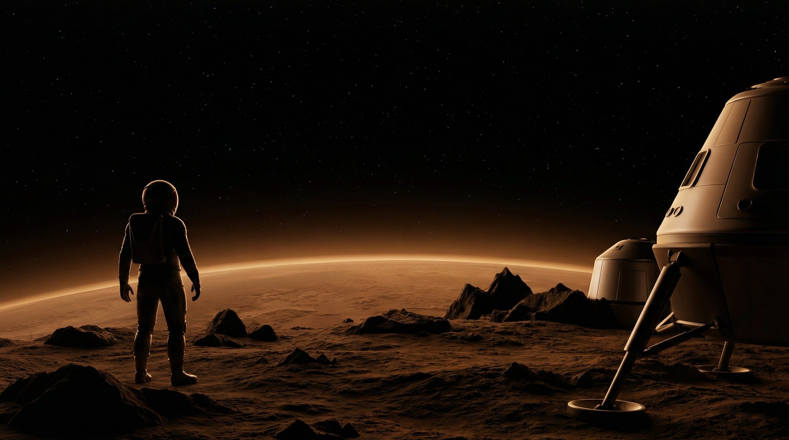 Astronaut and lander on alien desert horizon