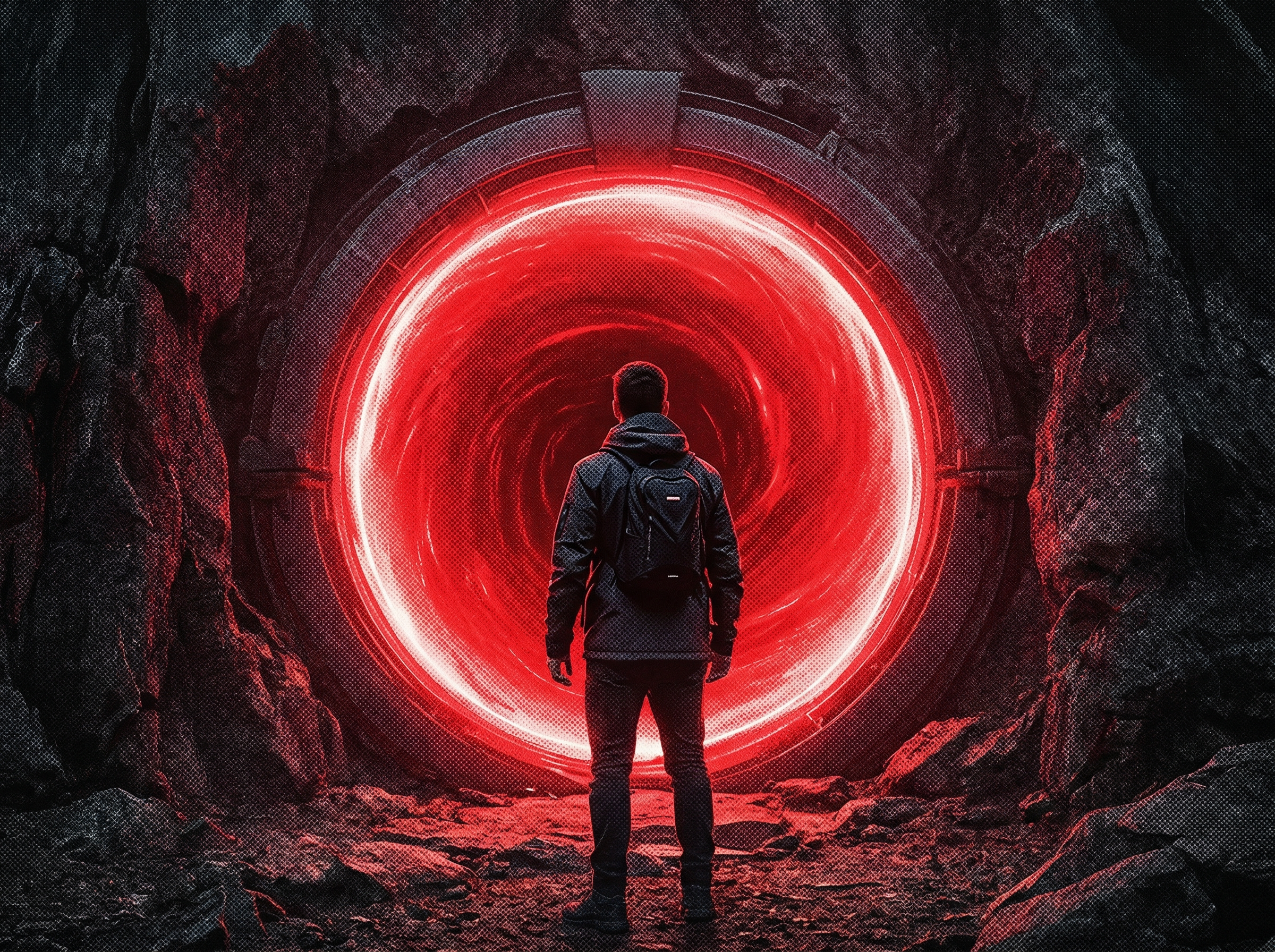 Explorer Facing a Glowing Red Portal