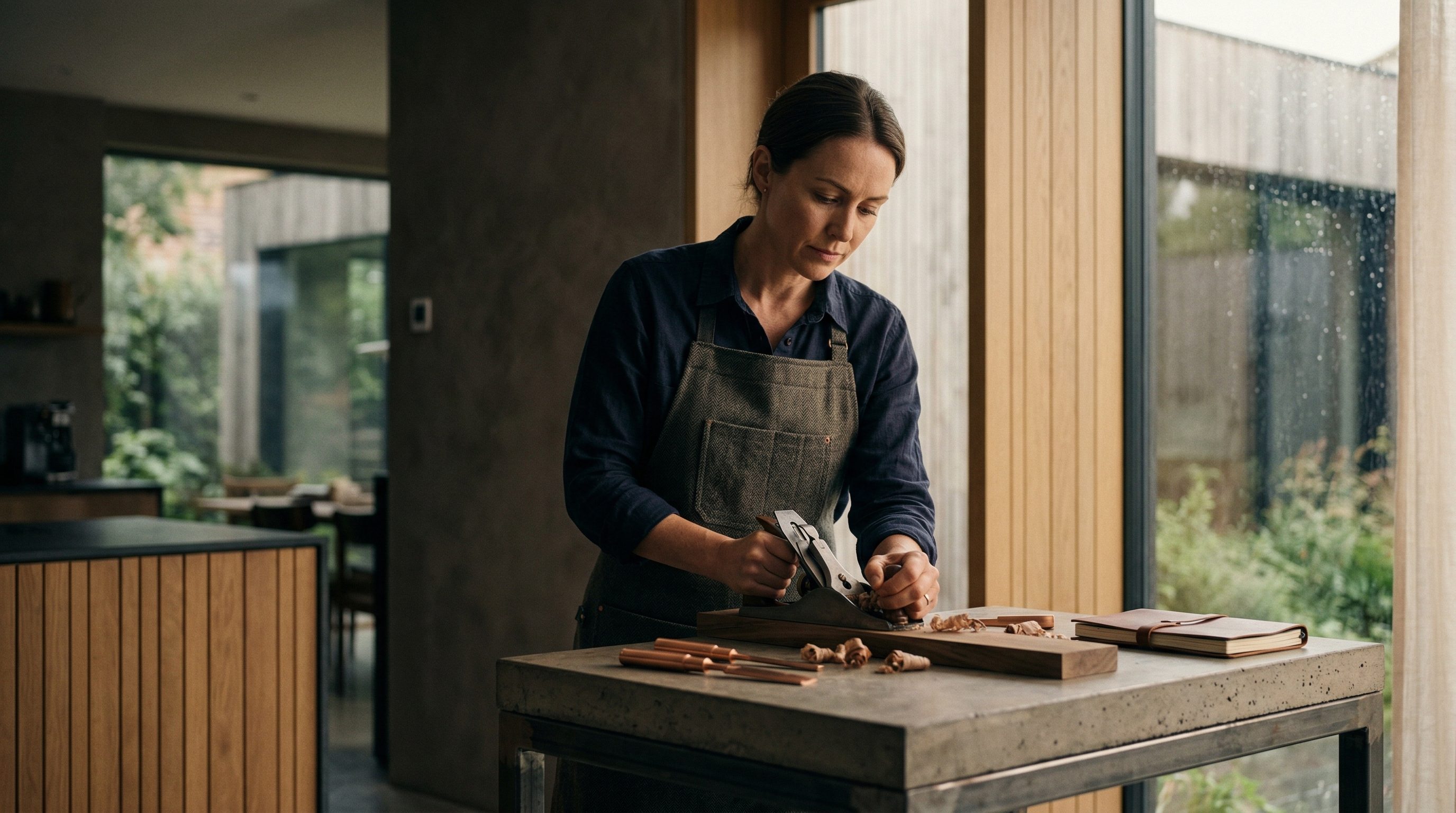 Craftswoman planing wood in modern workshop