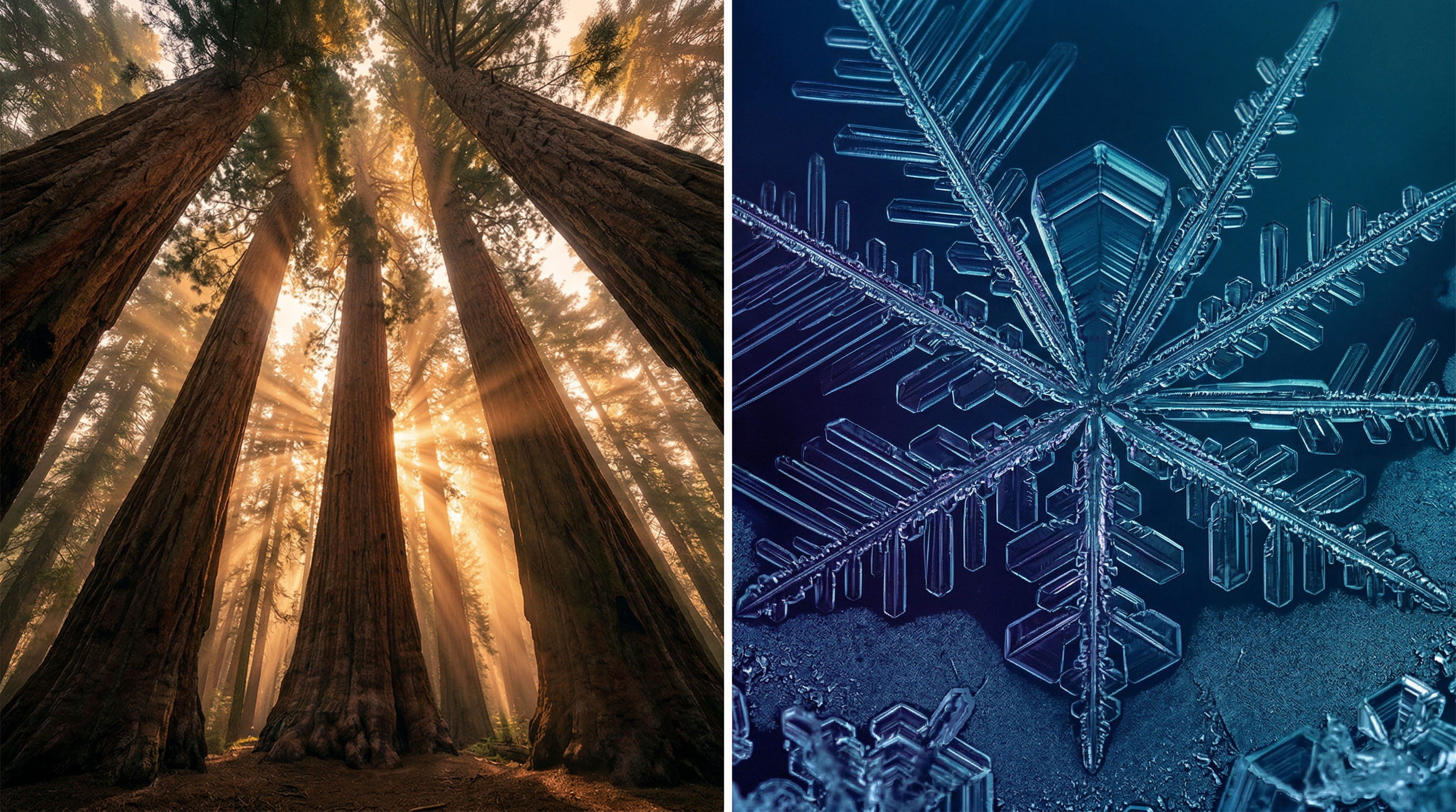 Split Nature Scene: Forest and Snowflake Macro