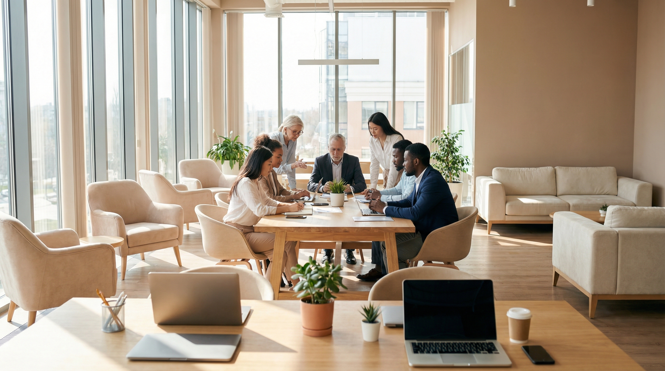 Team meeting in modern open office lounge