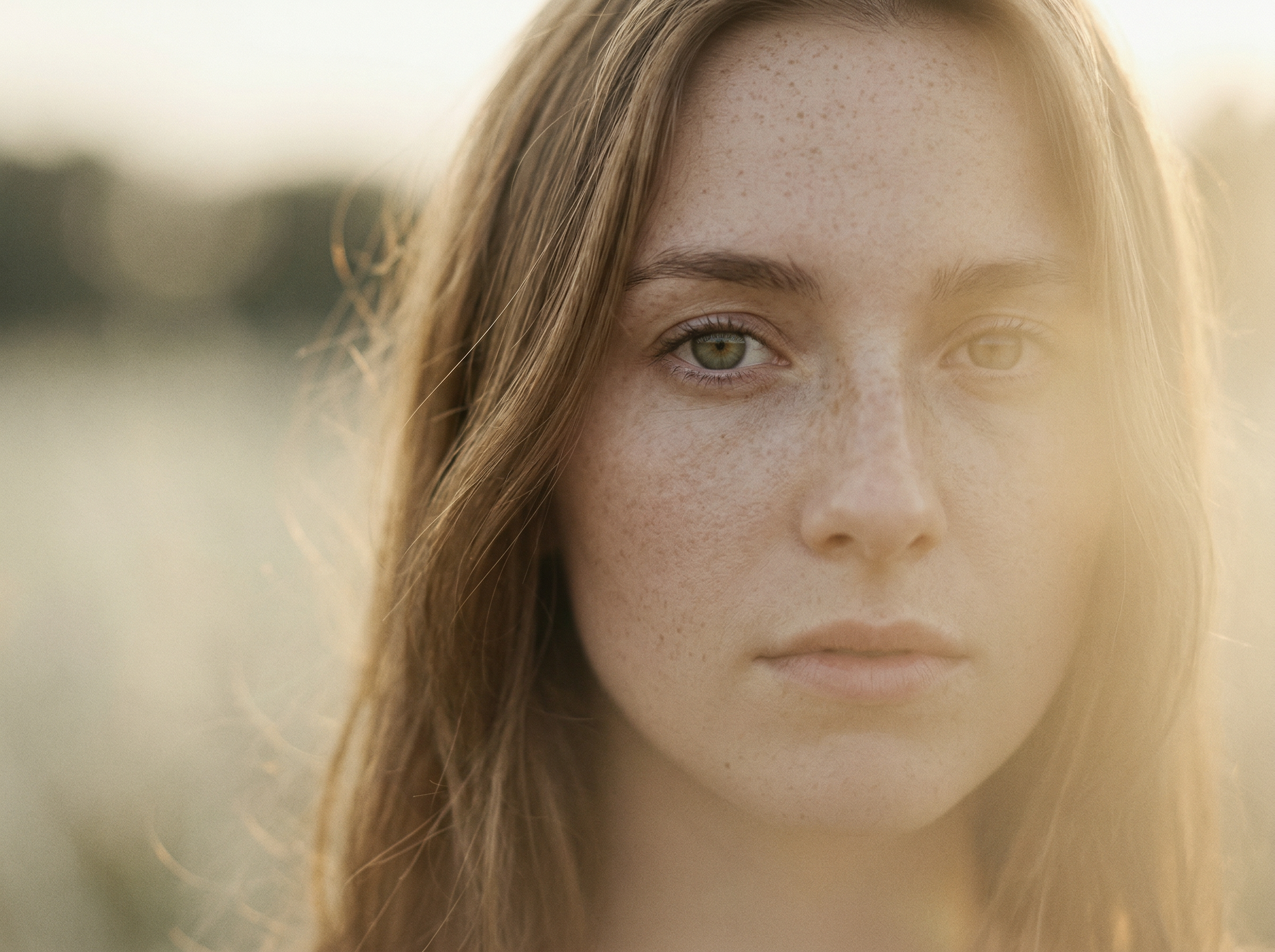 Sunlit Close-Up Portrait of Freckled Woman