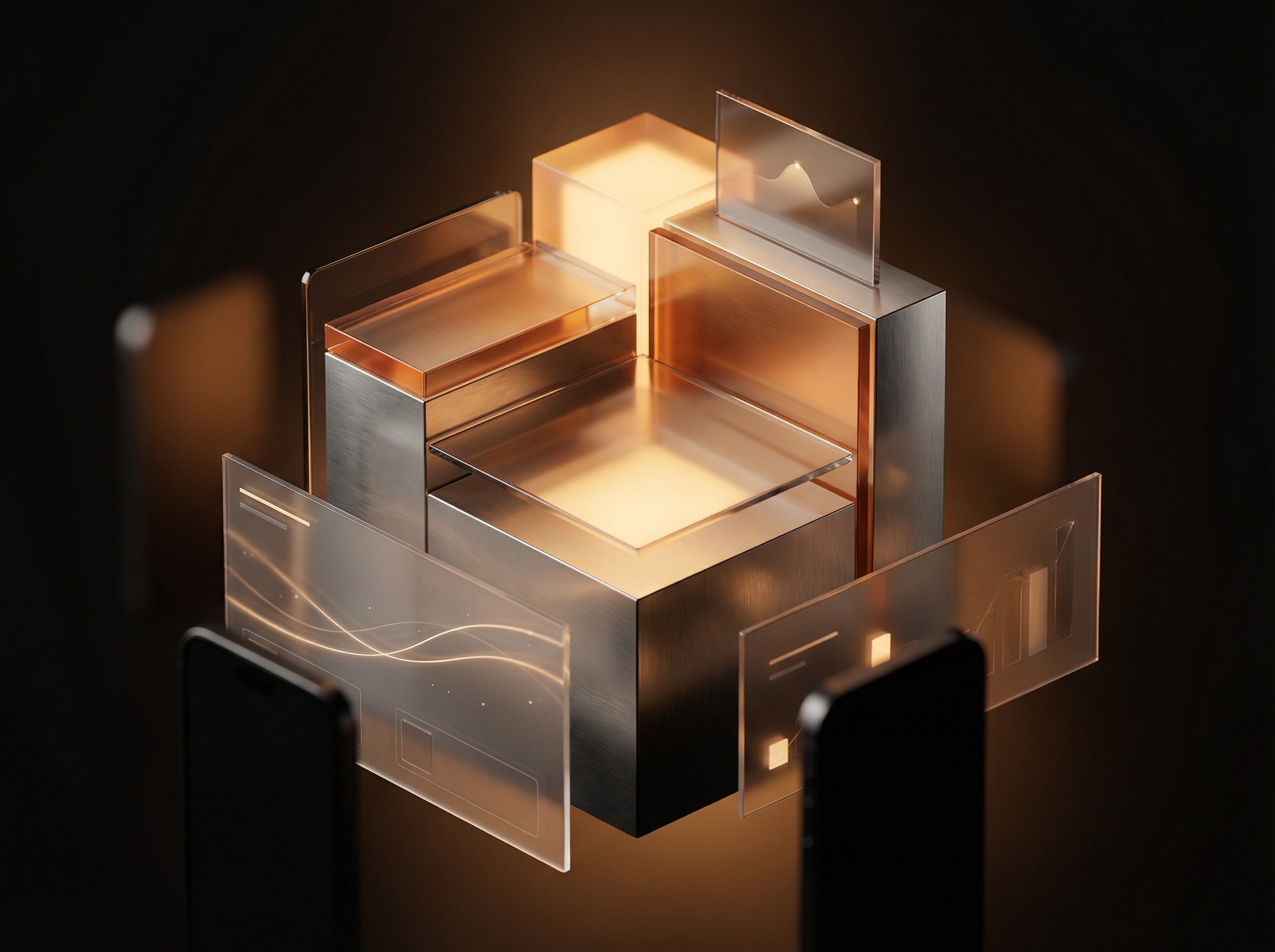 Futuristic data dashboard in metallic blocks