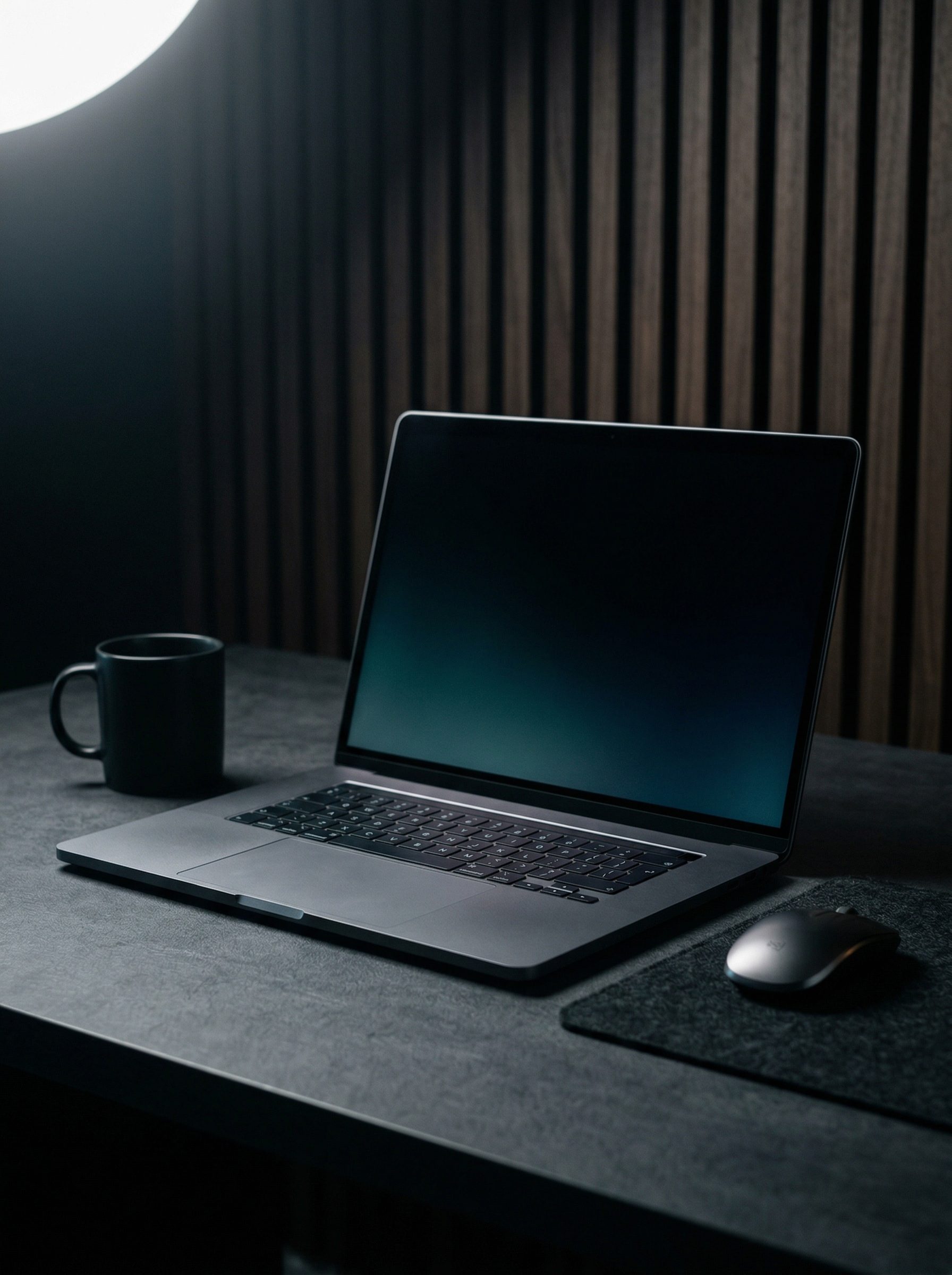 Minimalist laptop workspace with coffee and mouse