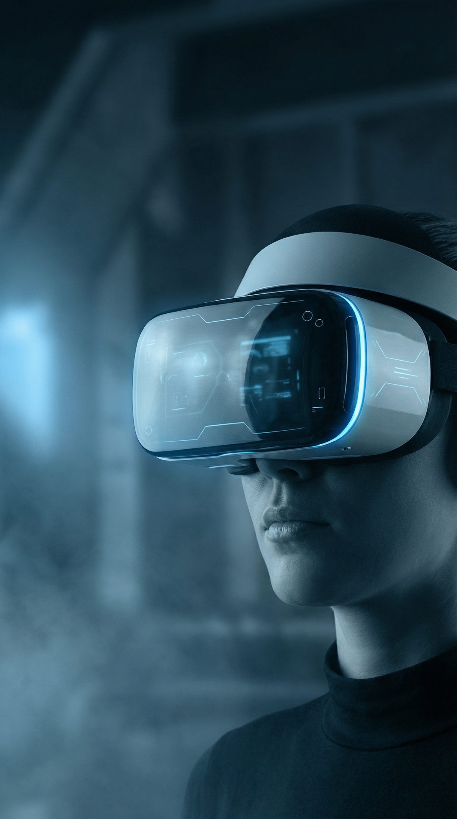 Woman wearing futuristic VR headset