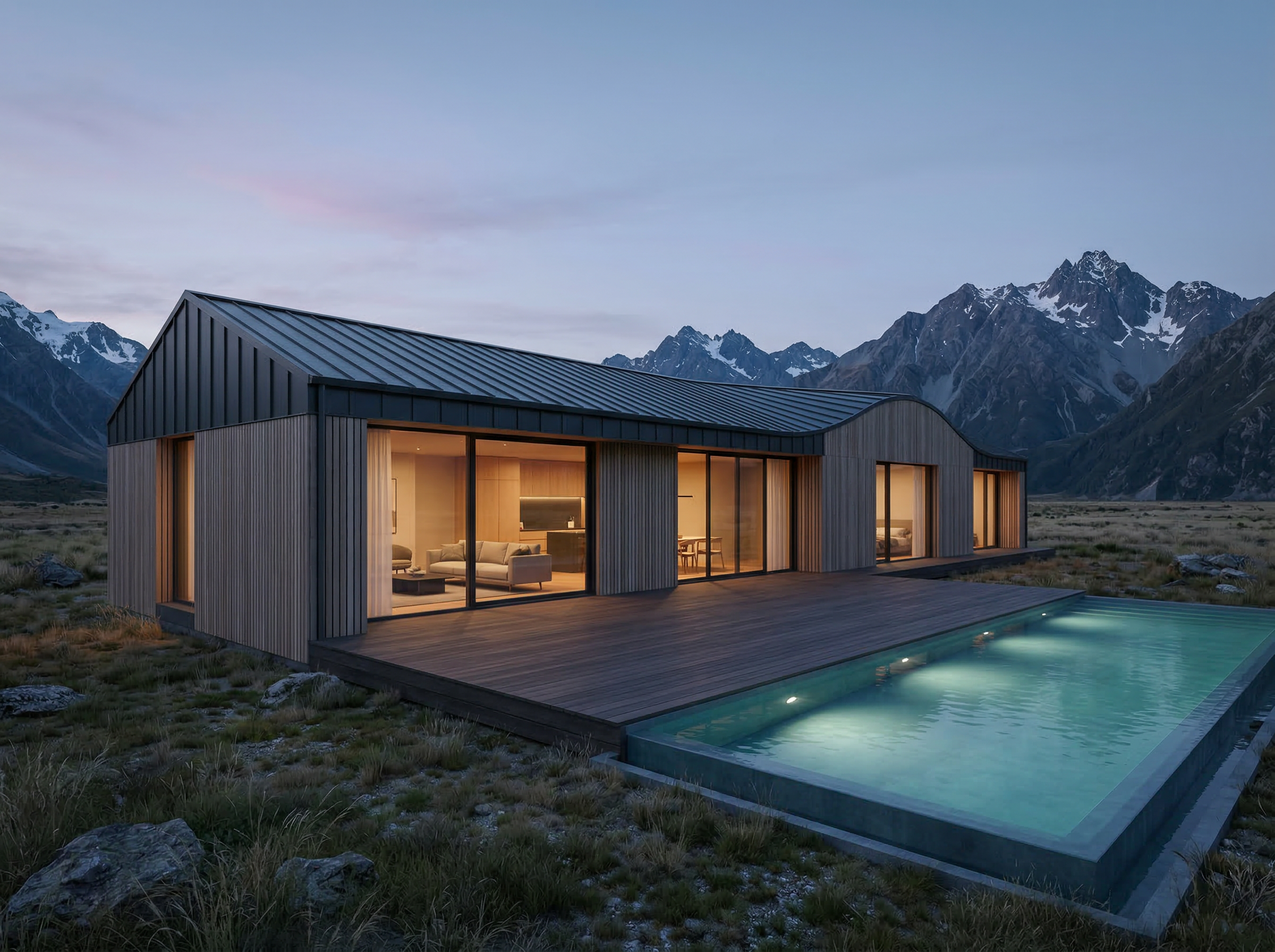 Modern Mountain House with Pool at Dusk