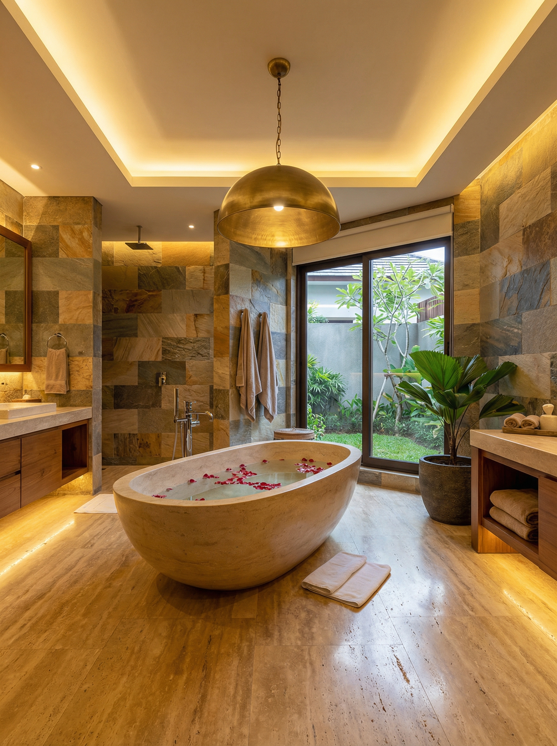Luxurious spa-style bathroom with stone tub