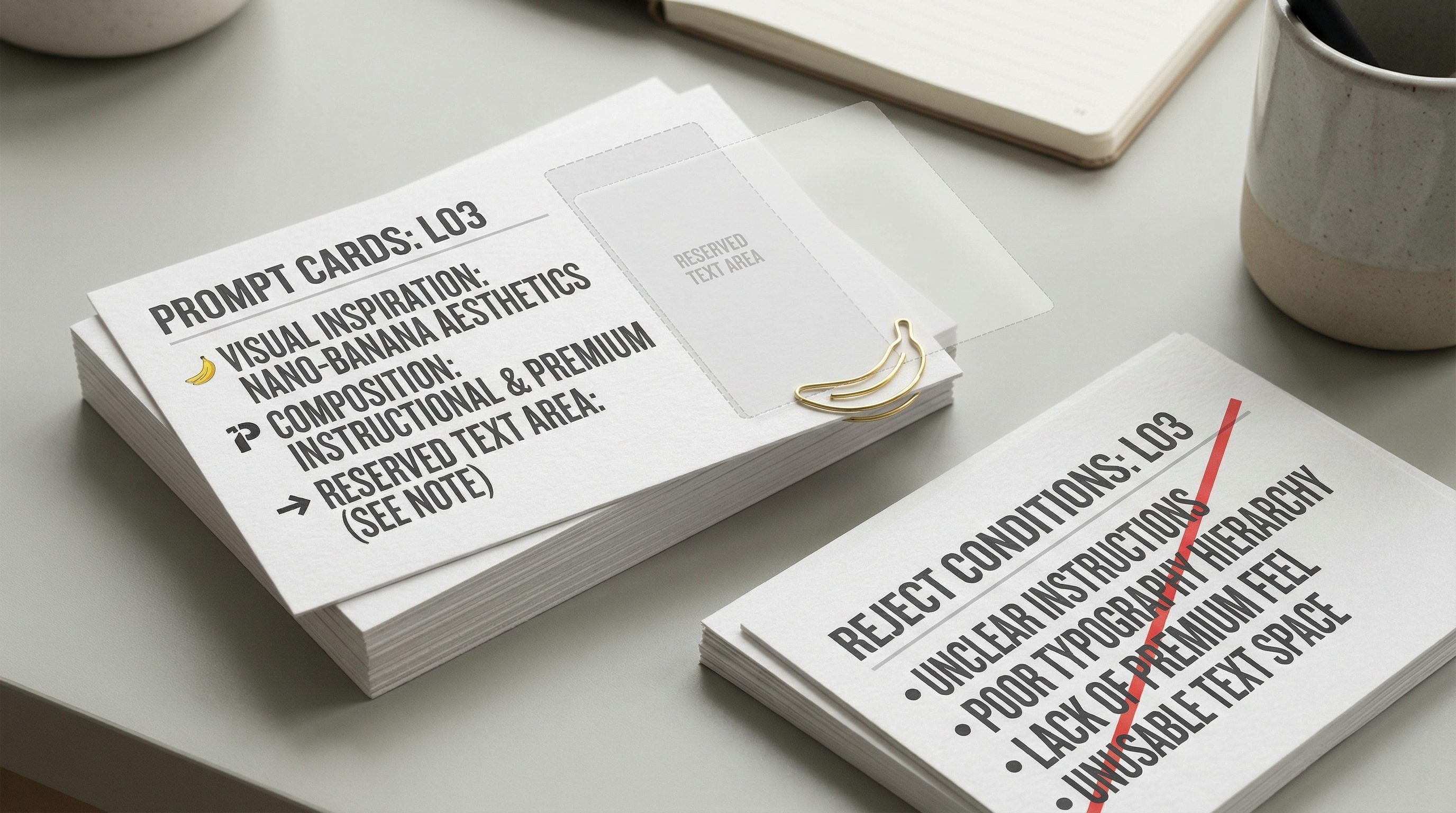 Prompt cards and stationery on neutral desk