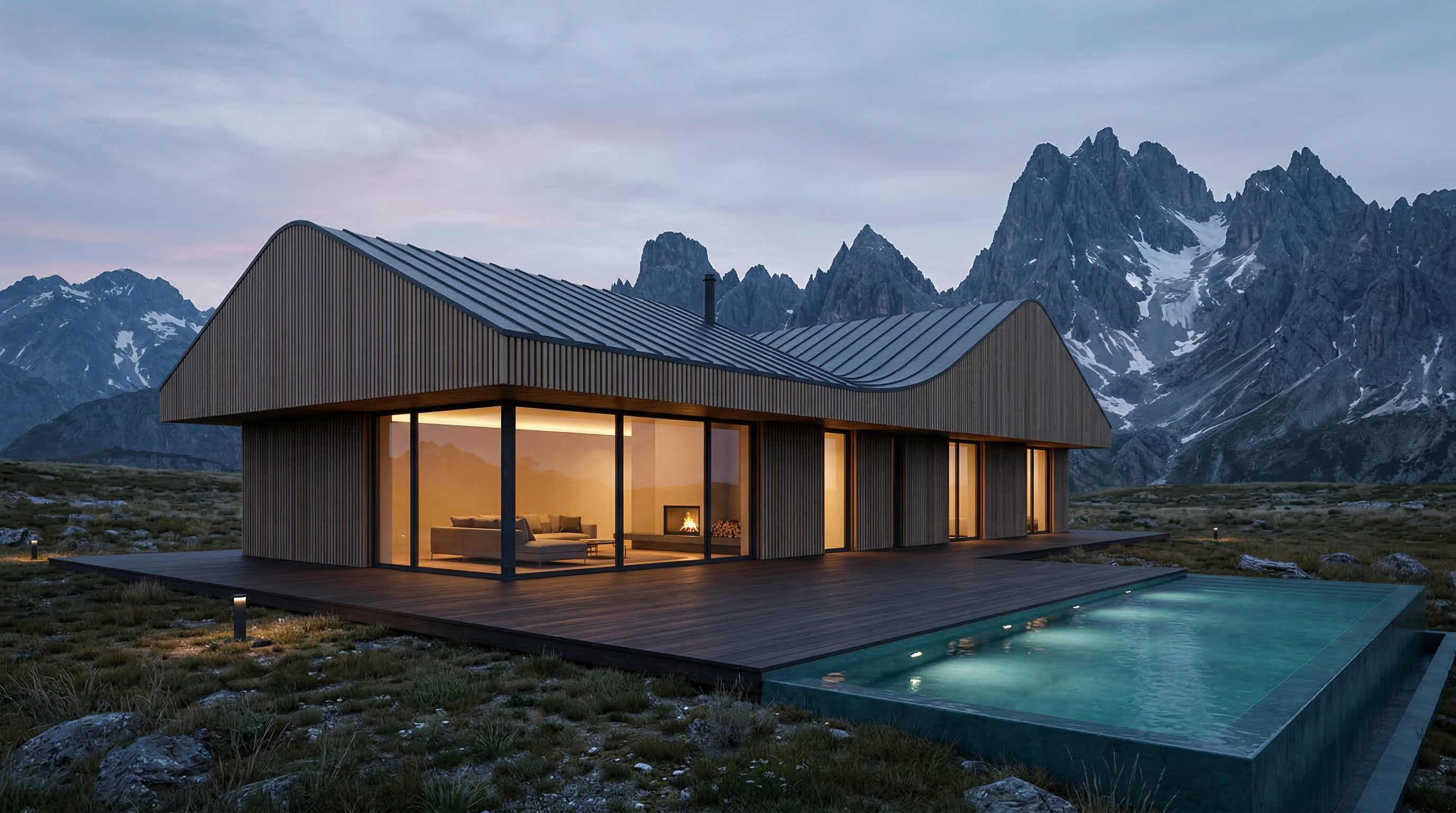 Modern Mountain Retreat with Pool at Dusk