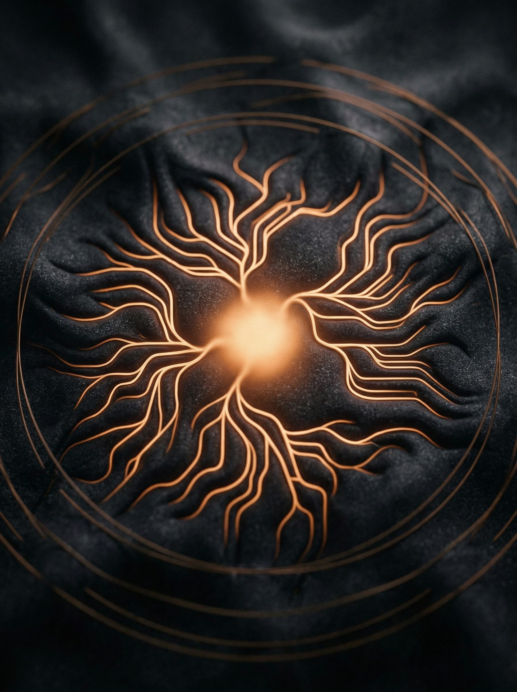 Glowing radial circuit on dark textured surface