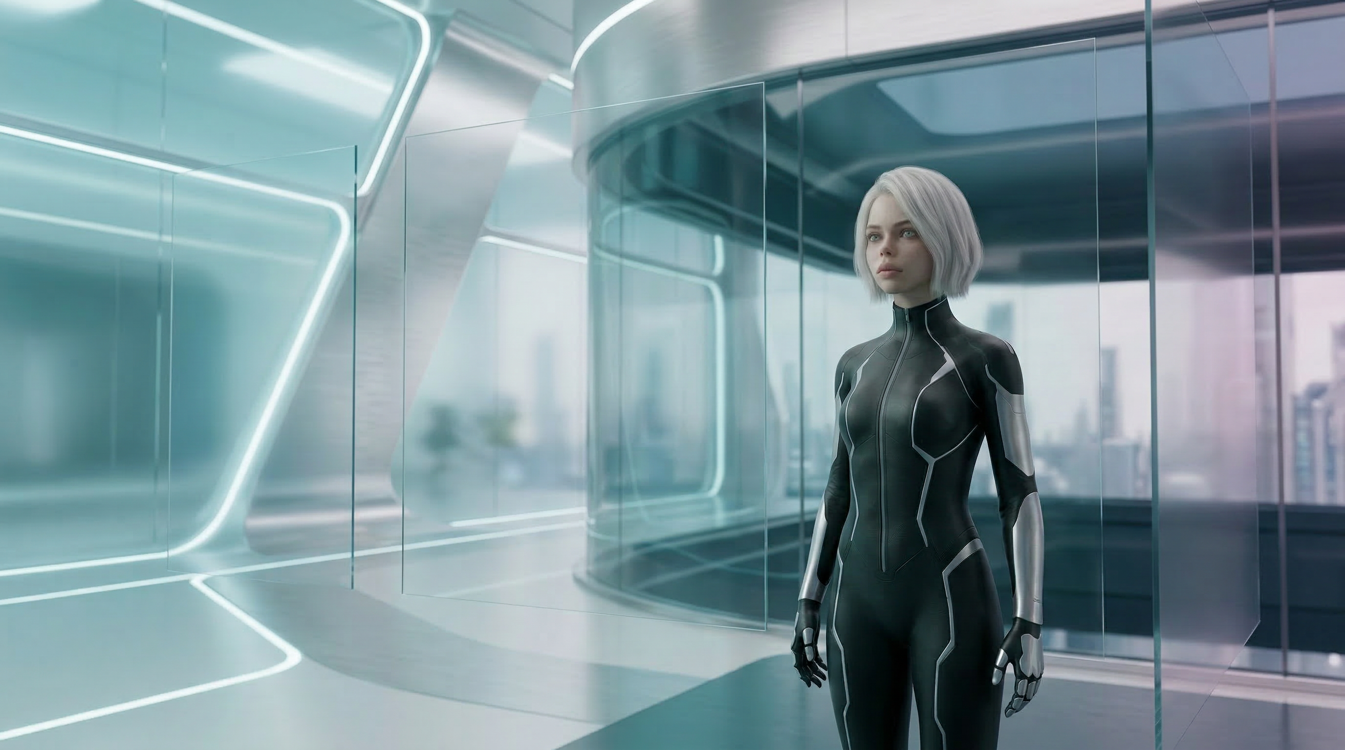 Female Android in Futuristic Glass Interior